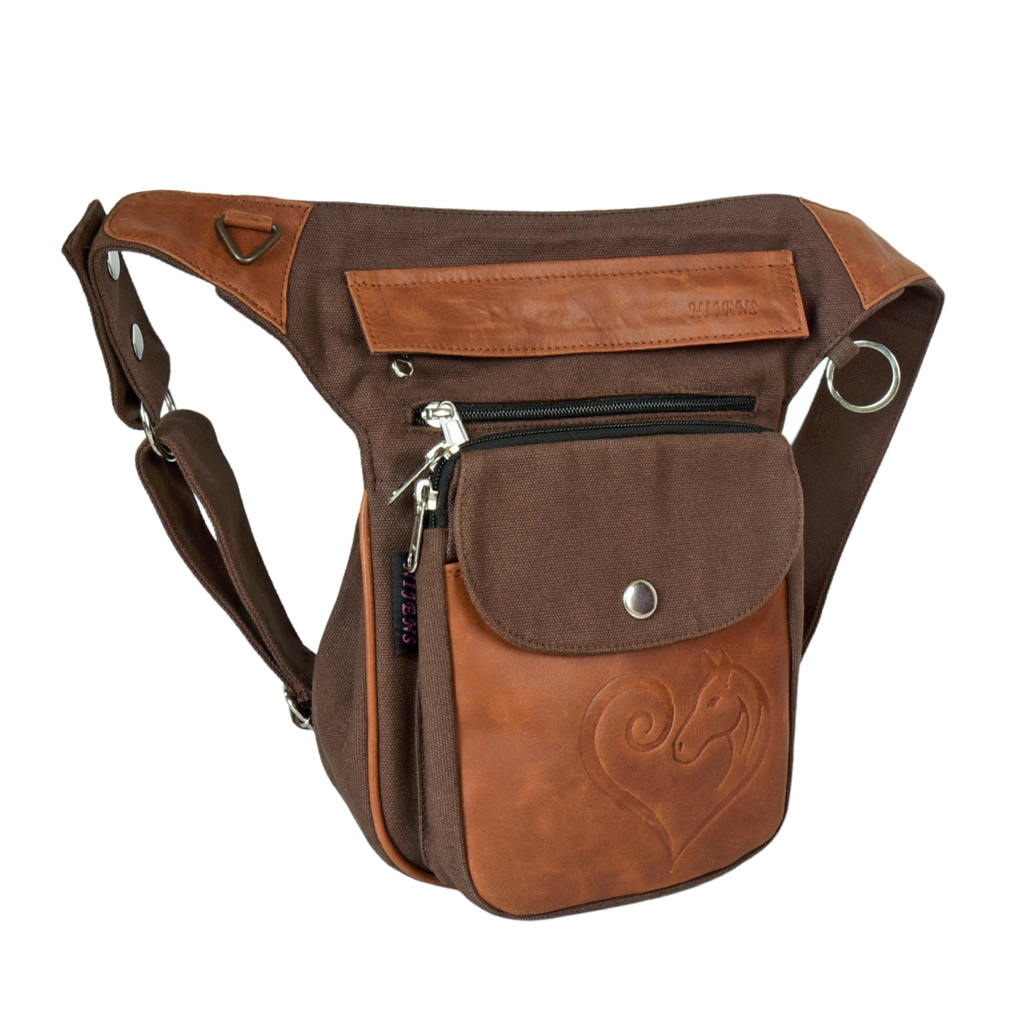 Hüfttasche aus braunem Canvas und Leder Brandy mit Reißverschlüssen und geprägtem Pferdemotiv