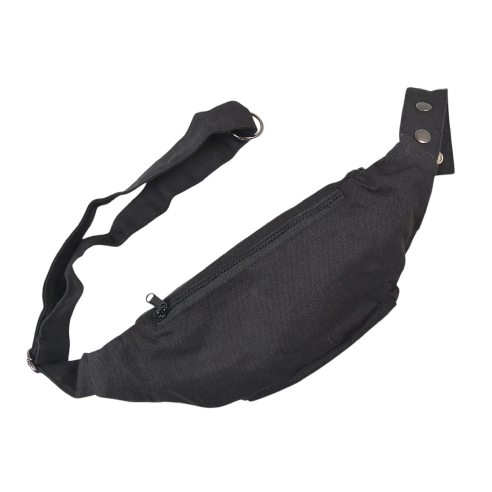 Schwarze Crossbody Bag Torino aus Canvas Stoff mit mehreren Reißverschlussfächern. Rückansicht.