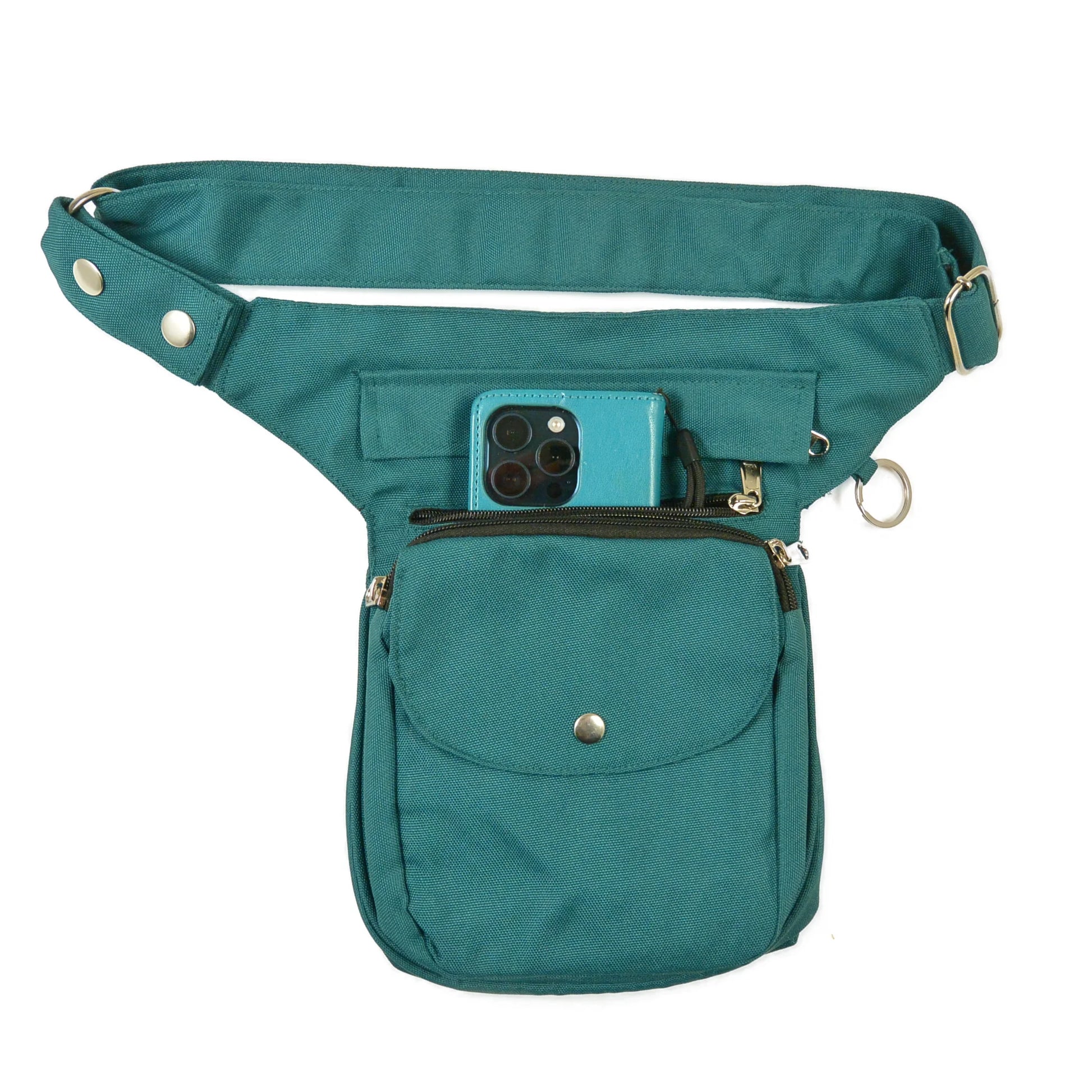 Gassitasche SUPER HANNOVER in Petrol – Fach auf der Oberseite mit Smartphone befüllt