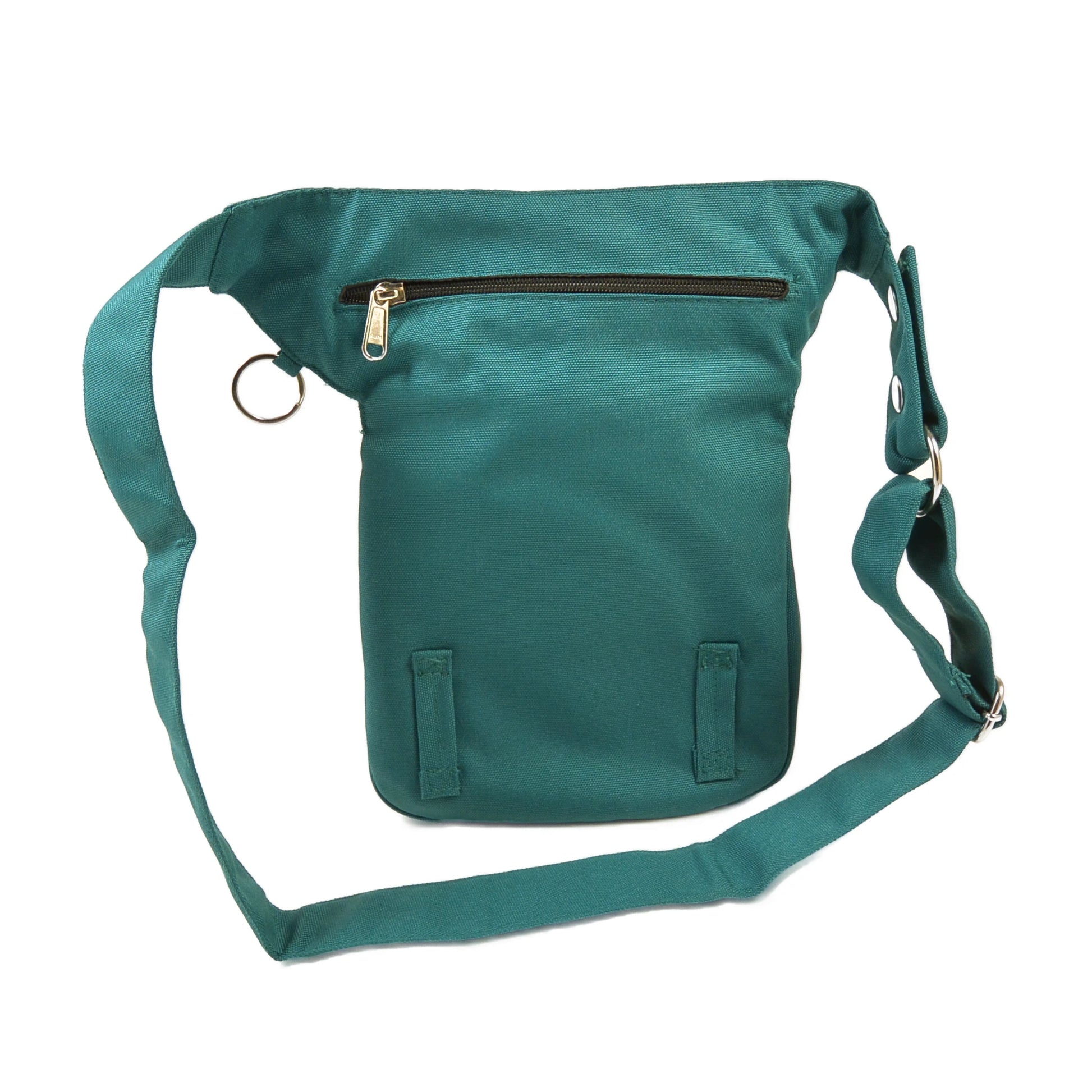 Rückansicht der wasserabweisenden Gassitasche in Petrol und praktischem Reißverschlussfach