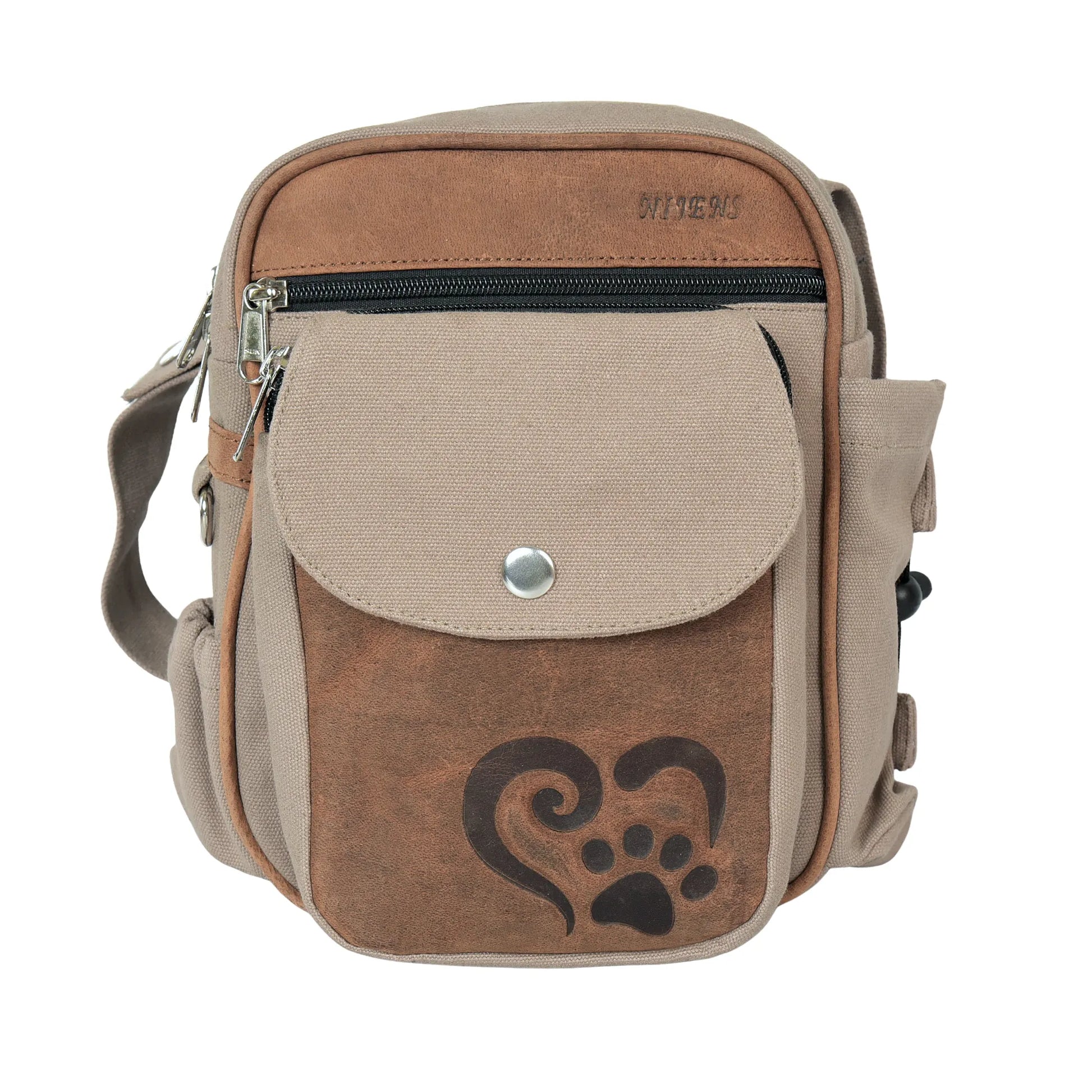 Hundetasche Konstanz in Braun und Sand mit Pfote im Herz Prägung, robust und praktisch für unterwegs