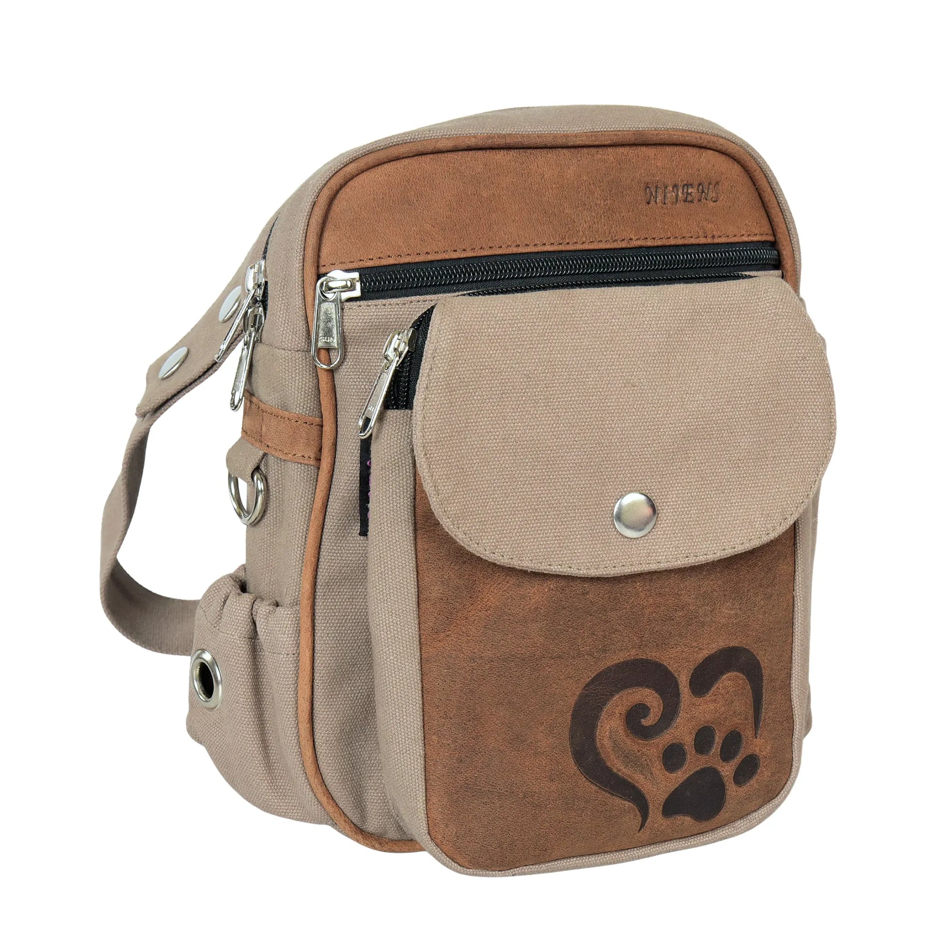 Hundetasche Konstanz in Braun und Sand mit Pfote im Herz Prägung, Seitenansicht