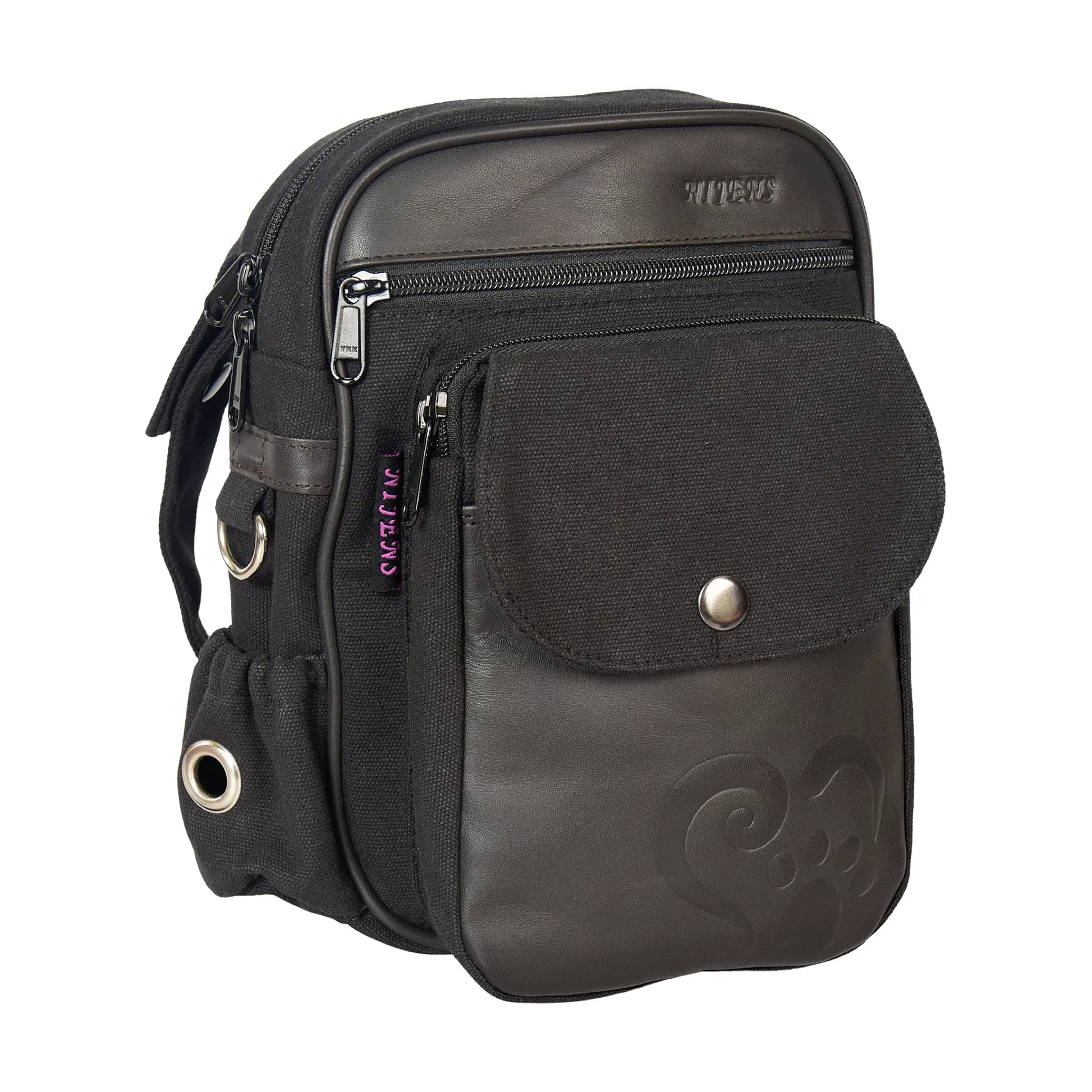 Gassi-Tasche aus hochwertigem Canvas in Schwarz mit geprägtem Echtleder mit Pfote im Herz Motiv