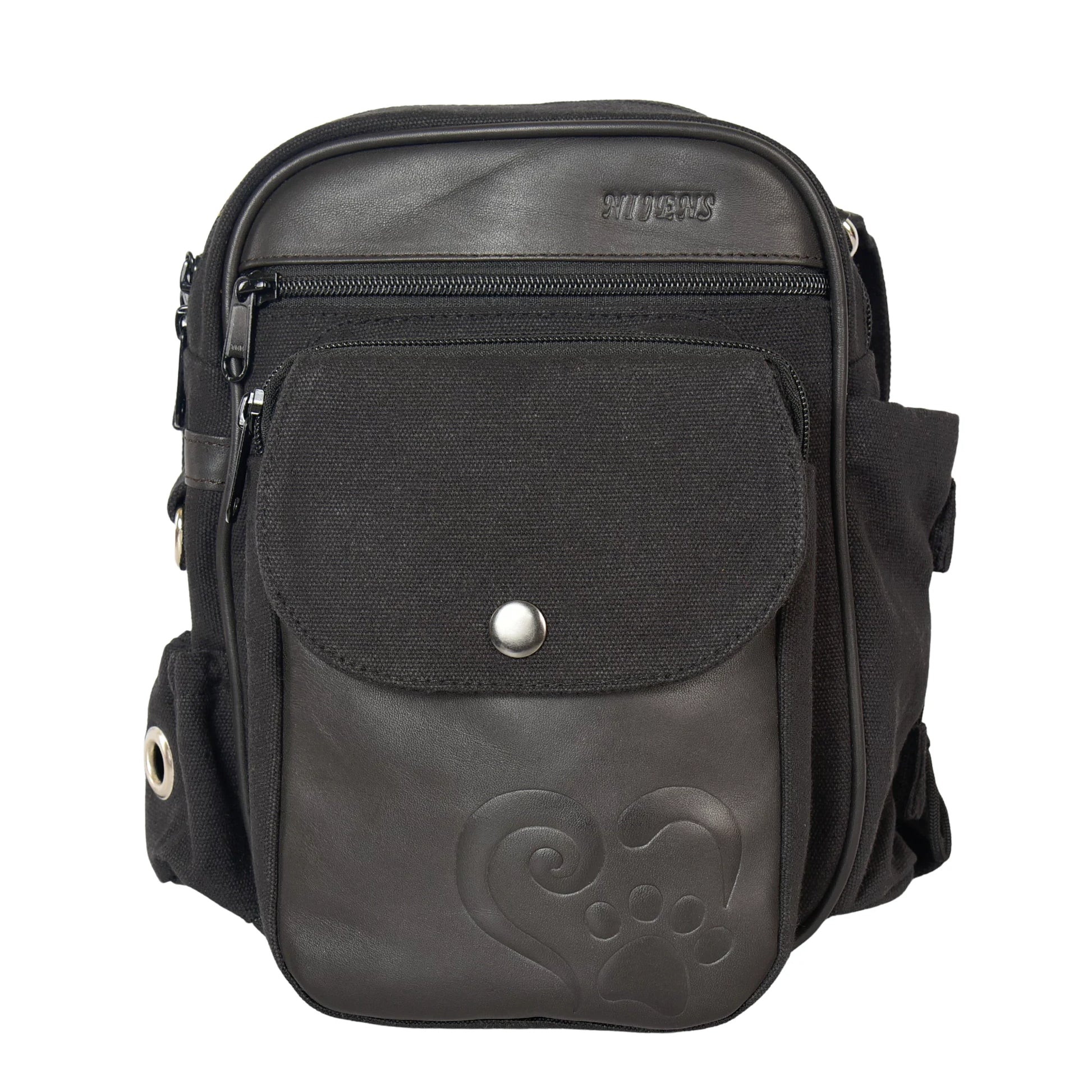 Gassi-Tasche aus hochwertigem Canvas in Schwarz mit geprägtem Echtleder. Mit  Leckerli- & Handyfächern, mit Pfote-Herz-Prägung.