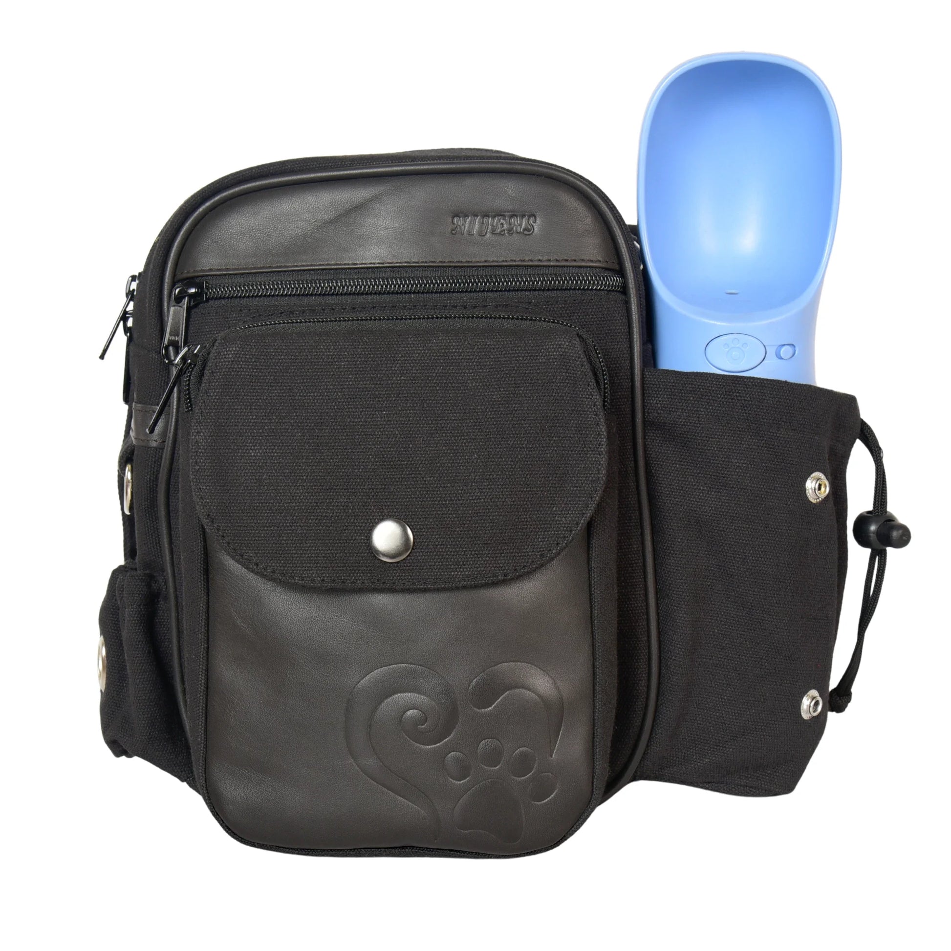 Gassi-Tasche aus hochwertigem Canvas in Schwarz mit geprägtem Echtleder mit Flaschenhalter