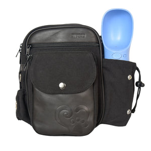 Gassi-Tasche aus hochwertigem Canvas in Schwarz mit geprägtem Echtleder mit Flaschenhalter