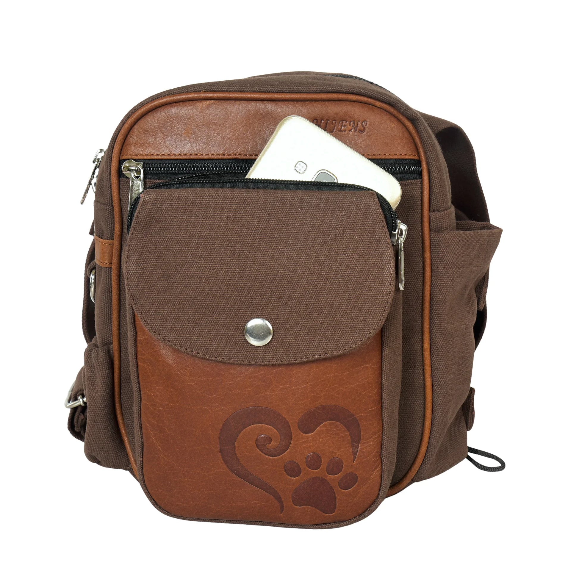 Gassi-Tasche Konstanz mit Pfote-Herz-Prägung, mit Handyfach, robustes Canvas und Echtleder in Brandy