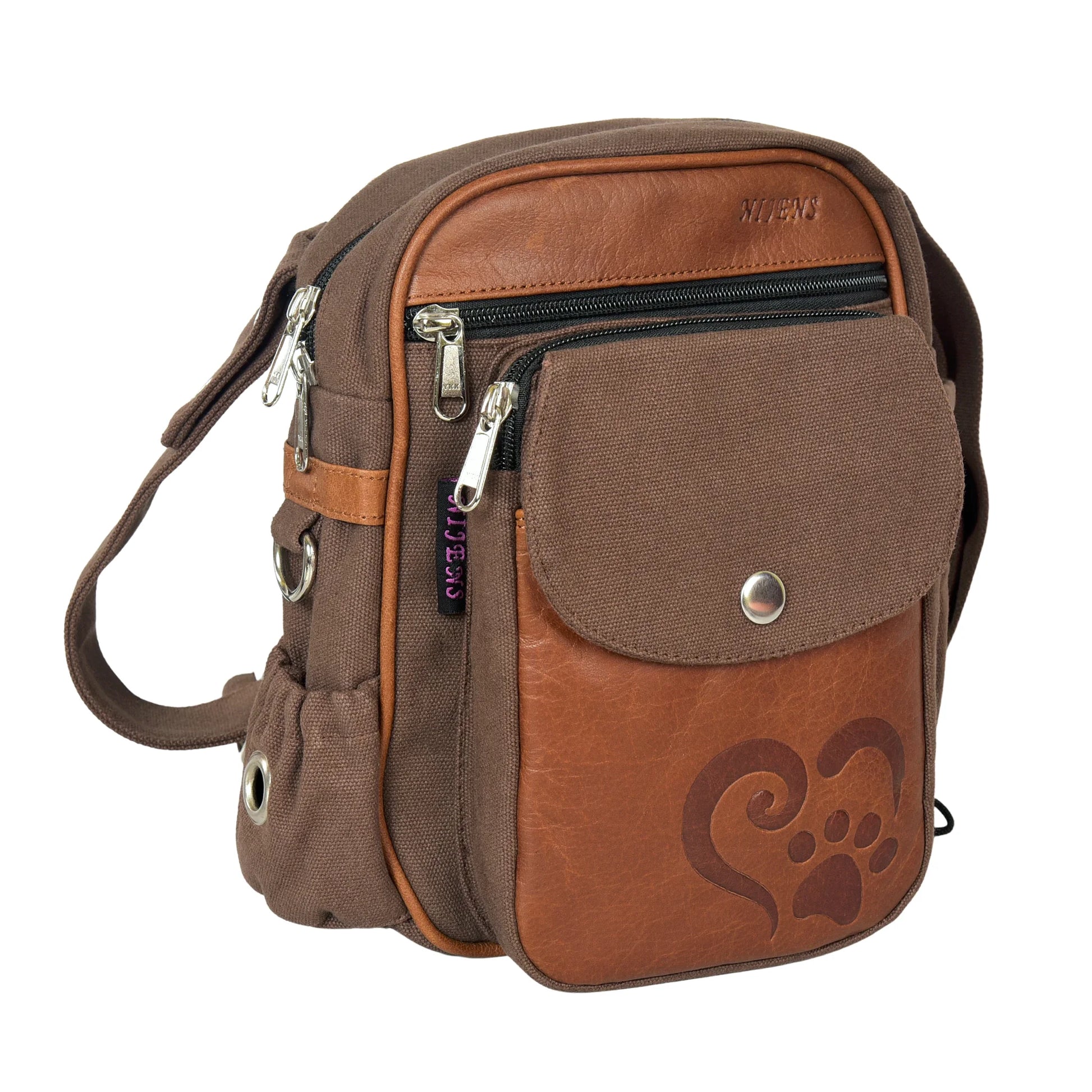 Gassi-Tasche Konstanz mit Pfote-Herz-Prägung, robustes Canvas und Echtleder in Brandy. Seitenansicht