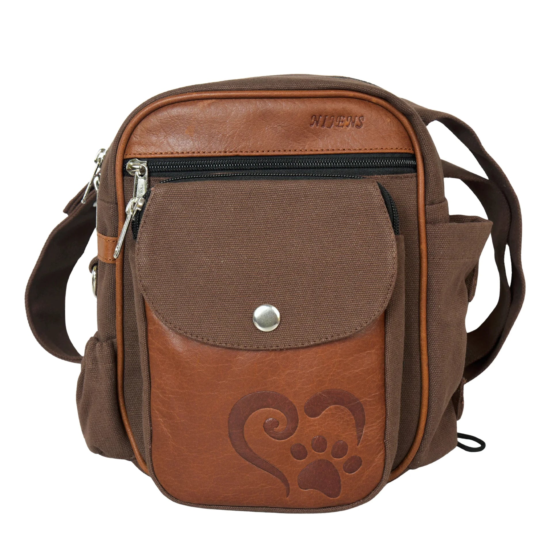 Gassi-Tasche Konstanz mit Pfote-Herz-Prägung, robustes Canvas und Echtleder in Brandy. Frontansicht