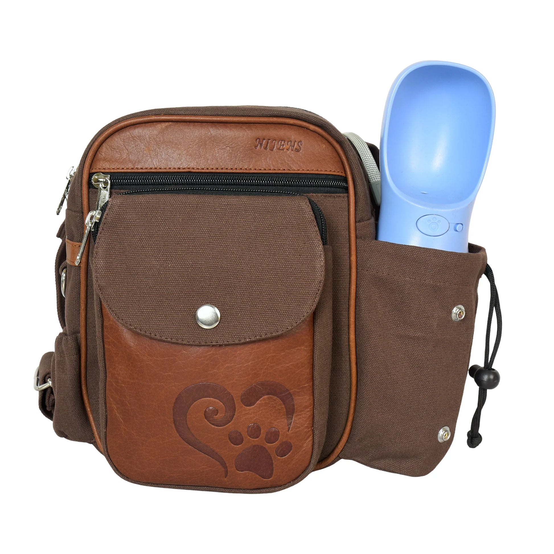 Gassi-Tasche Konstanz mit integriertem Flaschenhalter für Hunde-Trinkflasche, robustes Canvas und Echtleder in Brandy