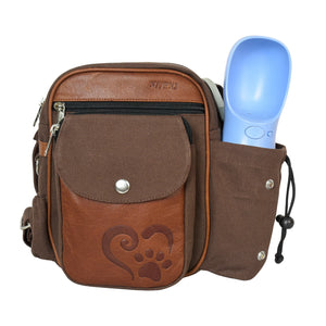 Gassi-Tasche Konstanz mit integriertem Flaschenhalter für Hunde-Trinkflasche, robustes Canvas und Echtleder in Brandy