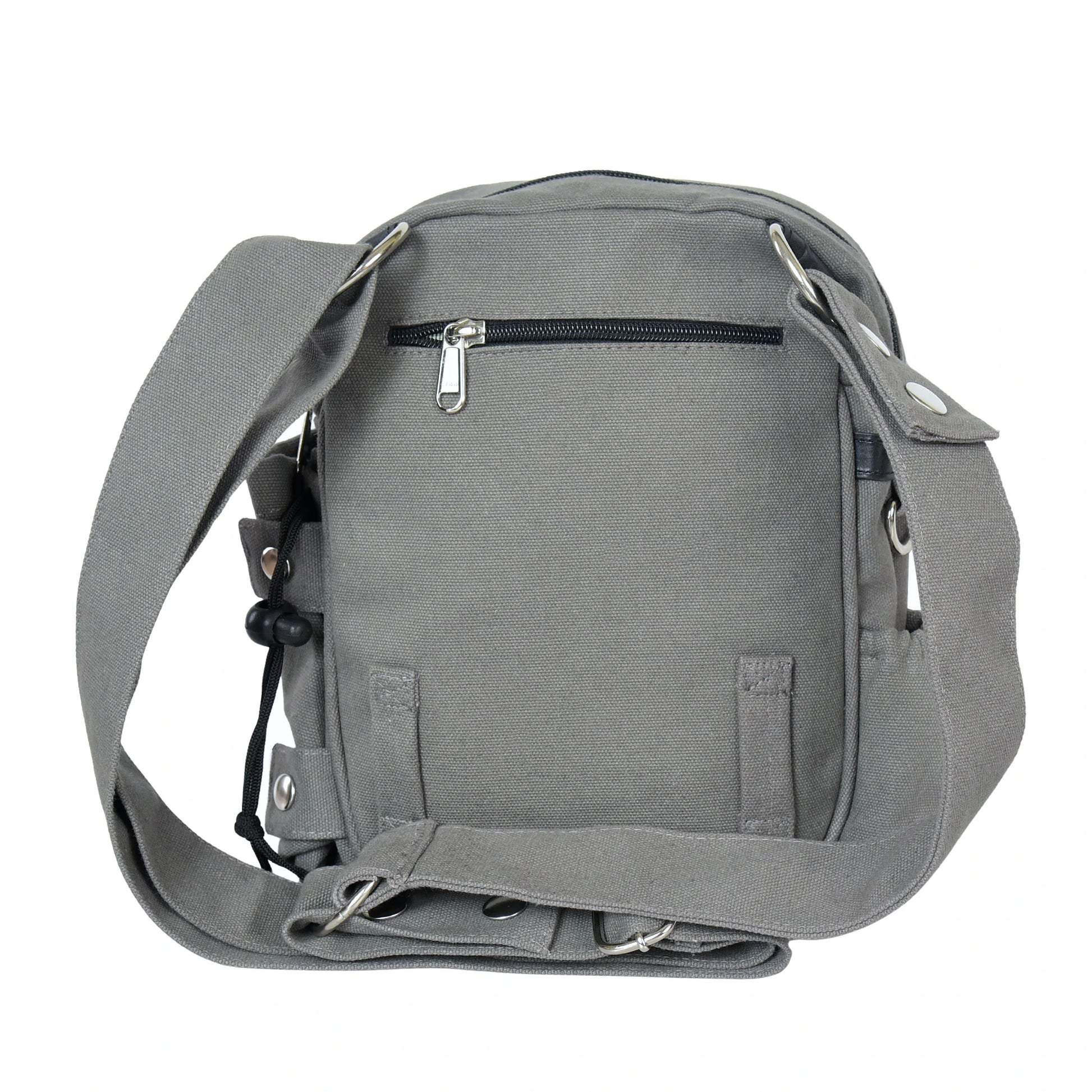 Rückansicht der Gassi-Tasche in Grau mit Gürtelschlaufen zur Befestigung eines Oberschenkelgurts