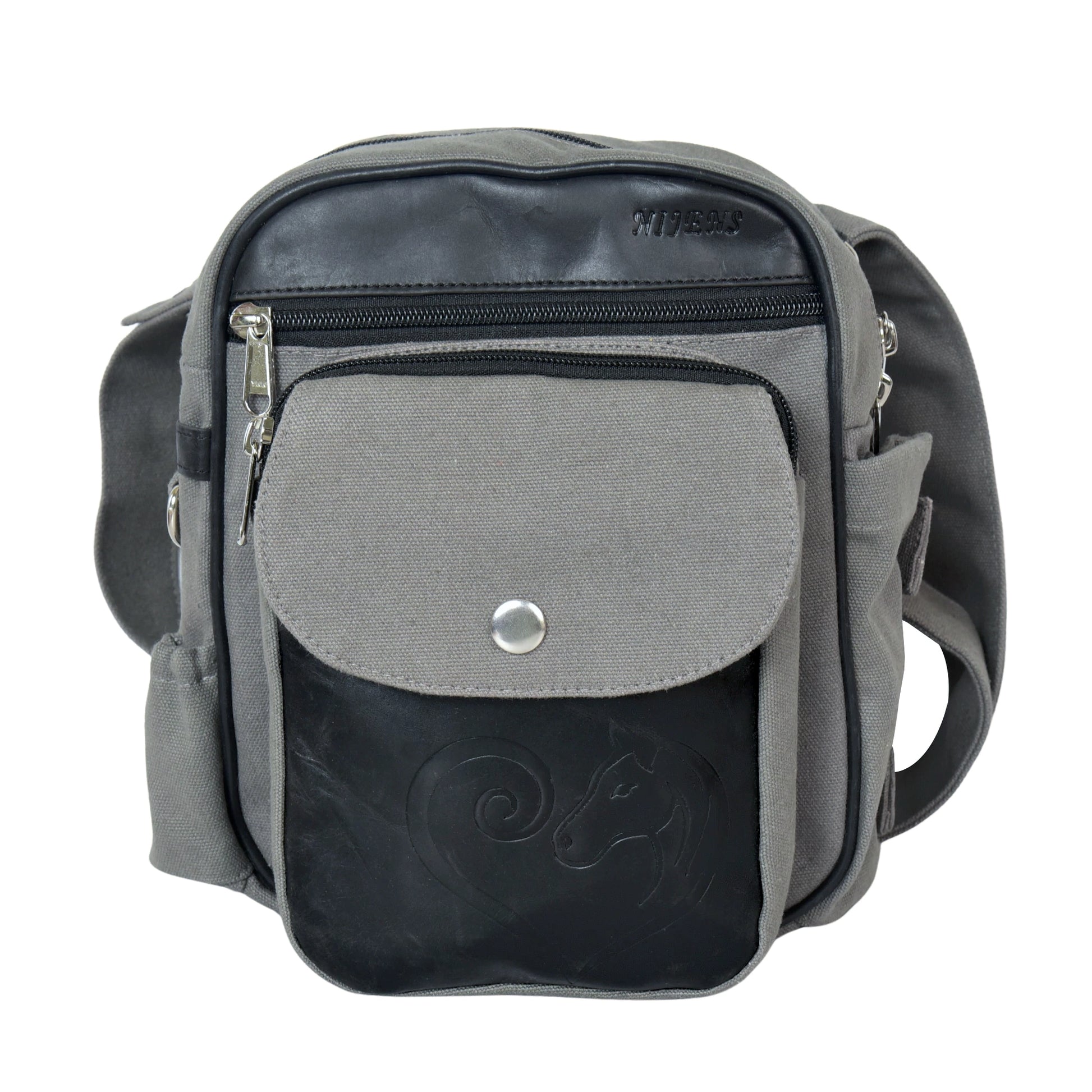 Graue Reitertasche Konstanz aus robustem Canvas mit schwarzem Echtleder, Frontansicht