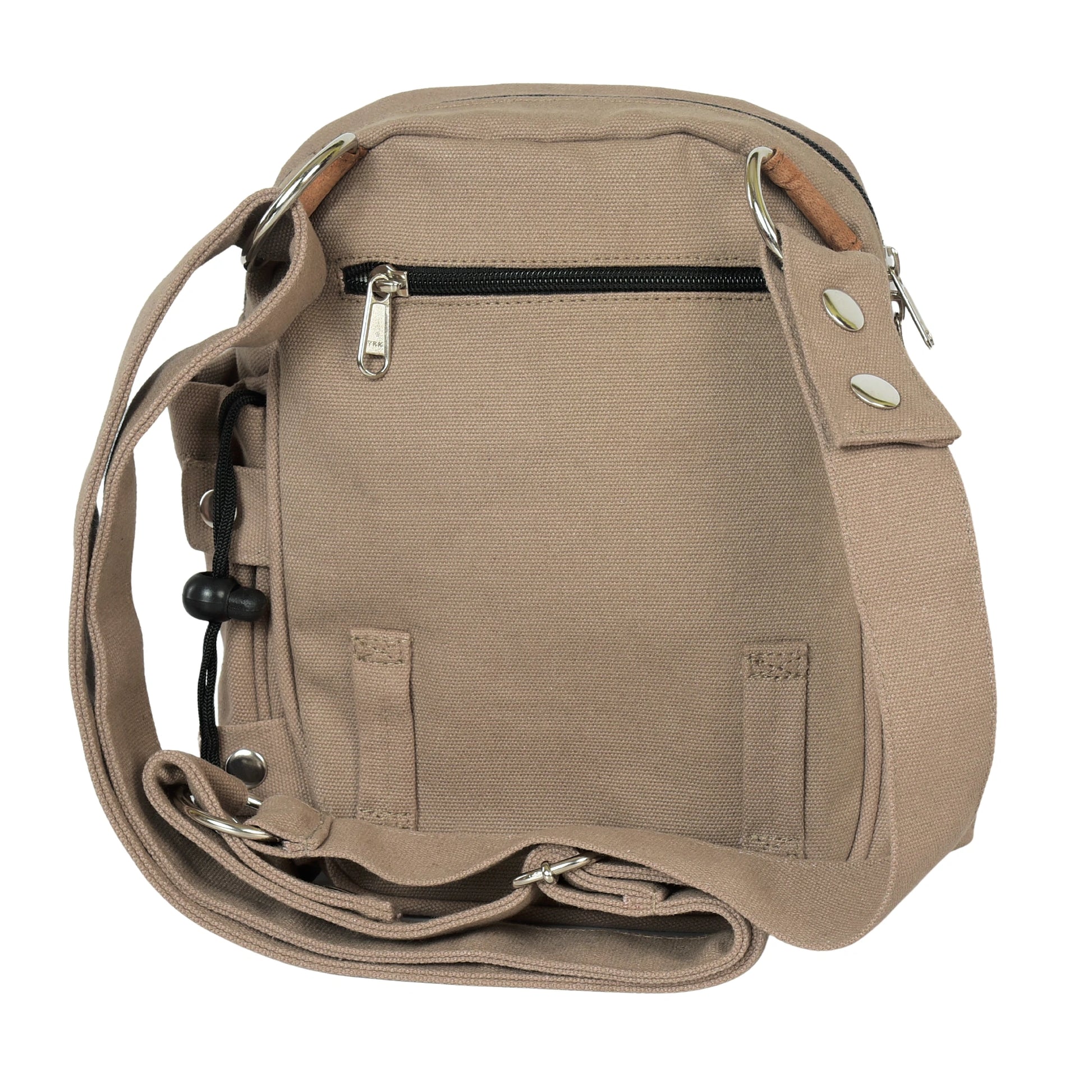 Rückansicht der Gassi-Tasche aus Canvas Sand mit Gürtelschlaufen zur Befestigung eines Oberschenkelgurts
