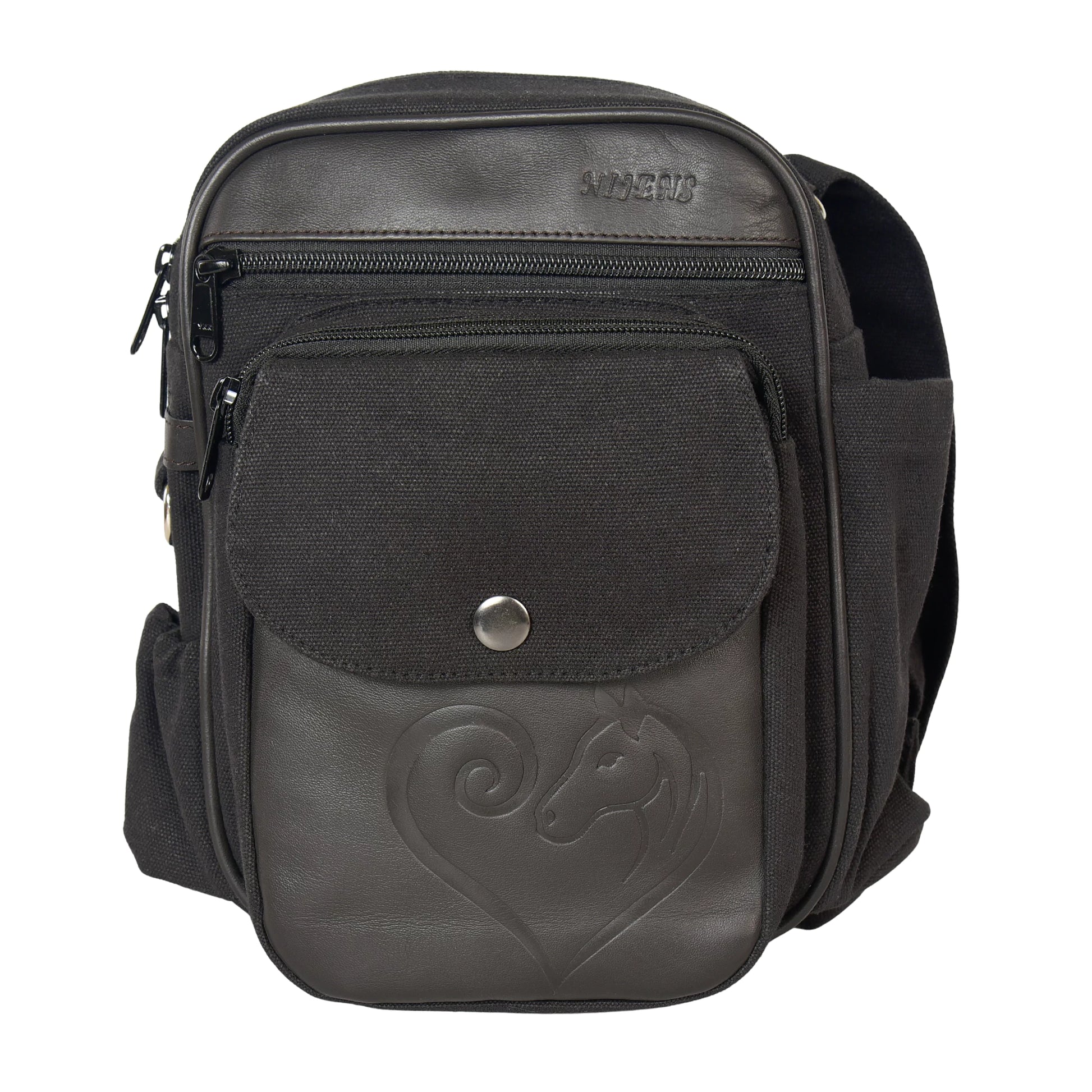 Gassi- und Reittasche Konstanz in Schwarz mit seitlichem Flaschenhalter für Hunde-Trinkflasche, funktional für lange Ausritte und Spaziergänge