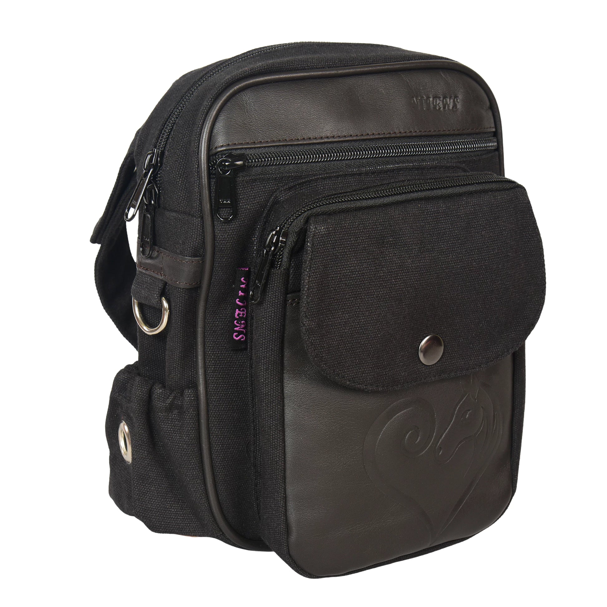 Reittasche Konstanz von Nijens in Schwarz mit Lederdetails, Herz-Pferd-Prägung und Frontfach, kompakte Hüft- und Umhängetasche für Reiter:innen