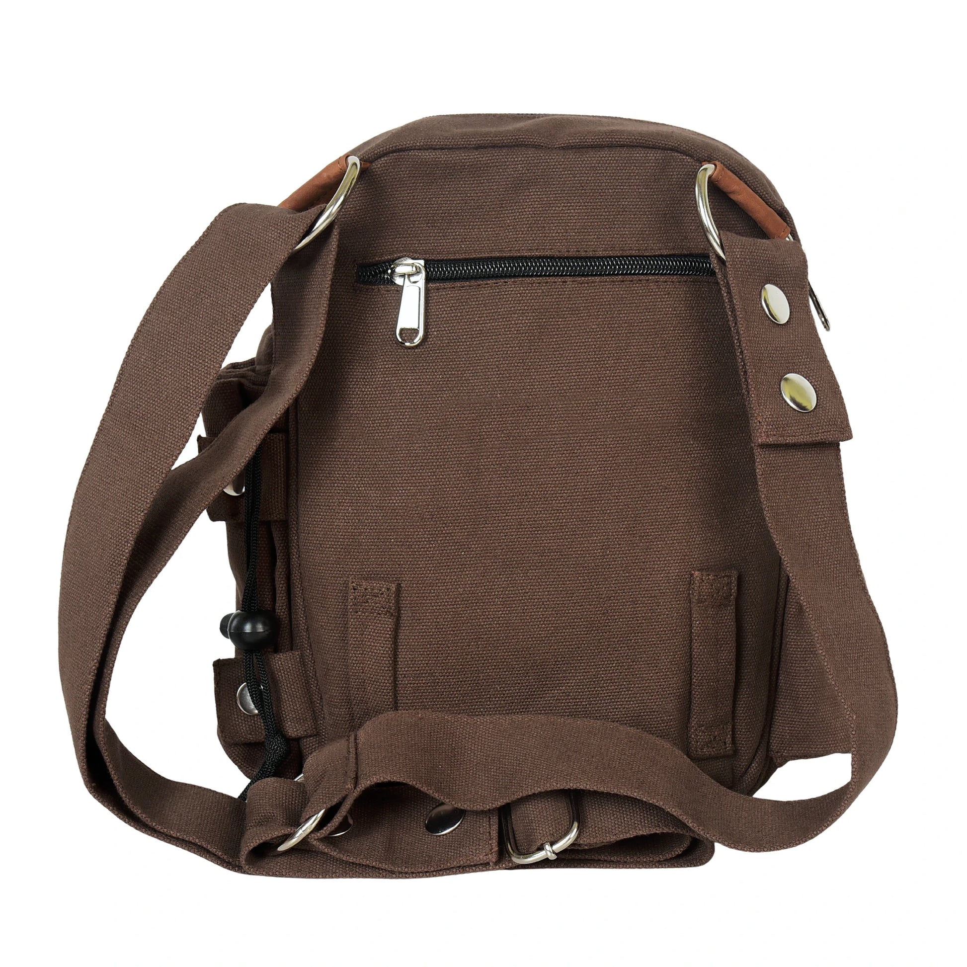 Rückansicht der Gassi-Tasche aus Canvas in Dunkelbraun mit Gürtelschlaufen zur Befestigung eines Oberschenkelgurts