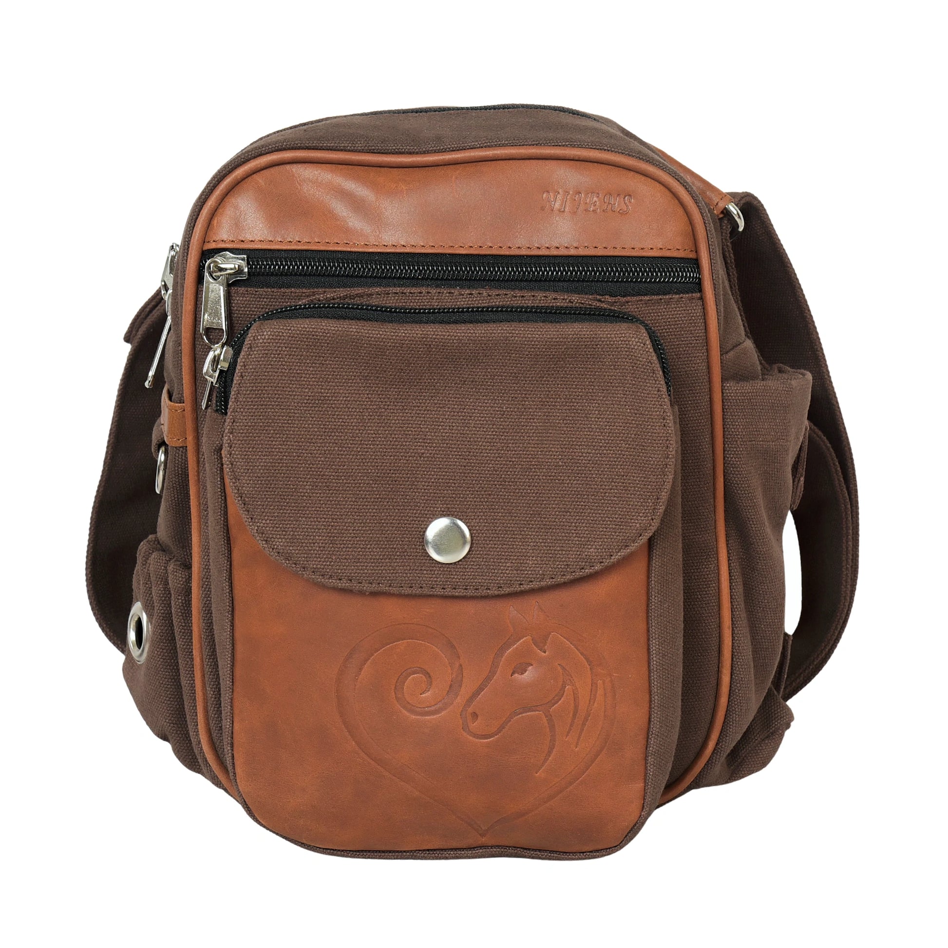 Braune Reitertasche aus robustem Canvas mit braunem Echtleder und Pferde-Herz-Prägung, Frontansicht