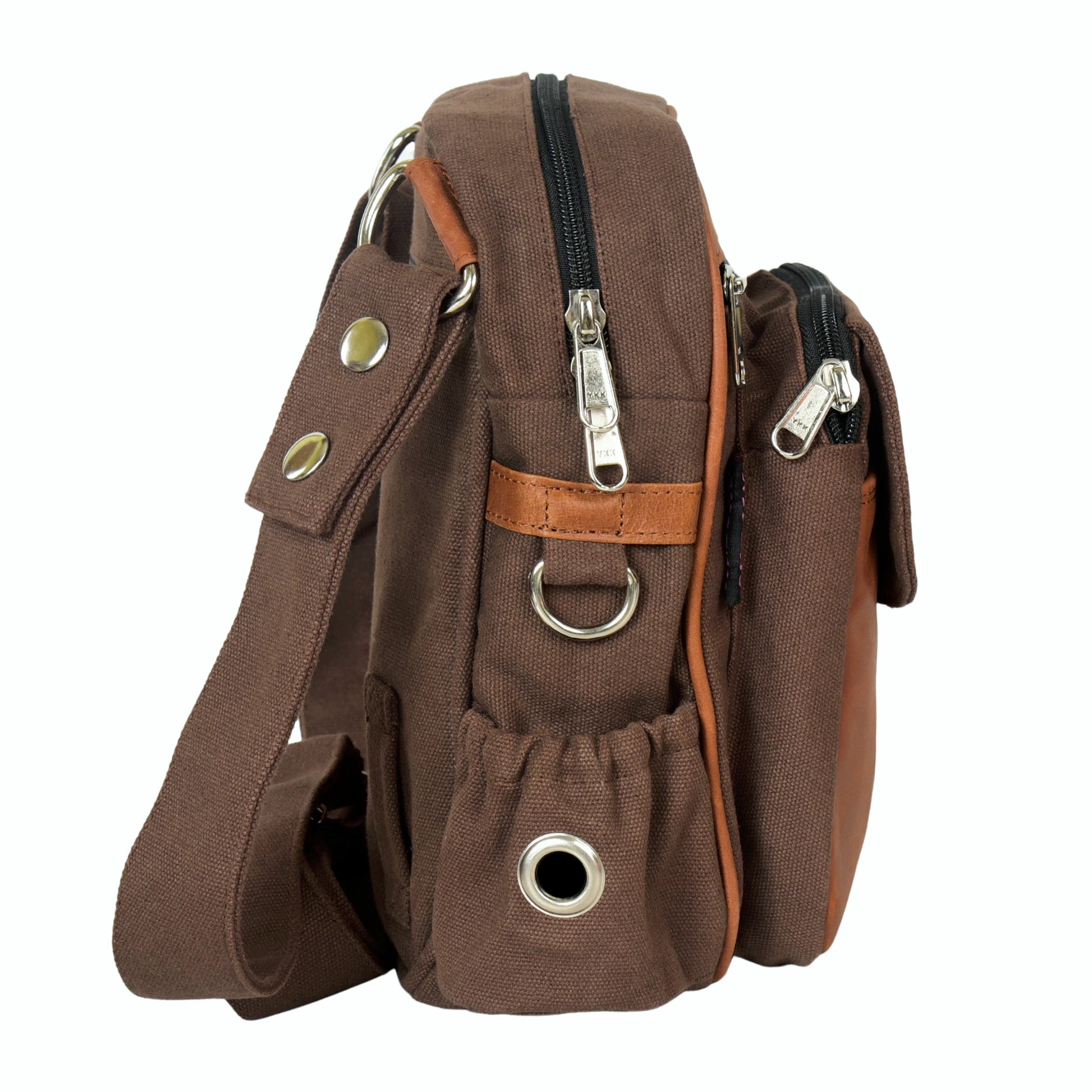 Braune Reitertasche Konstanz aus robustem Canvas mit braunem Echtleder, Seitenansicht