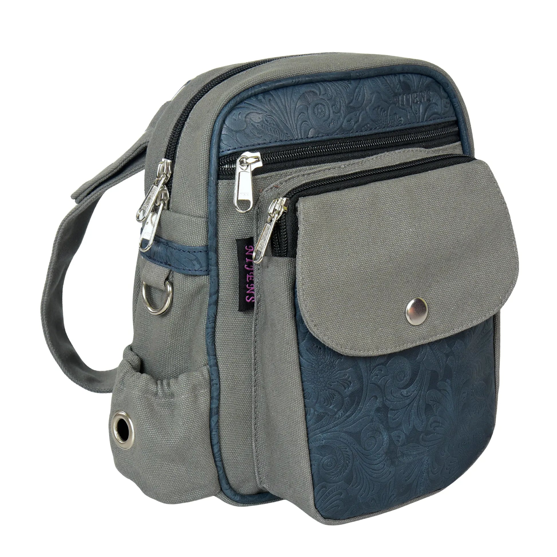 Gassi-Tasche Konstanz in Grau aus robustem Canvas mit geprägtem dunkelgrauem Echtleder, Frontansicht mit mehreren Reißverschlussfächern. Seitenansicht