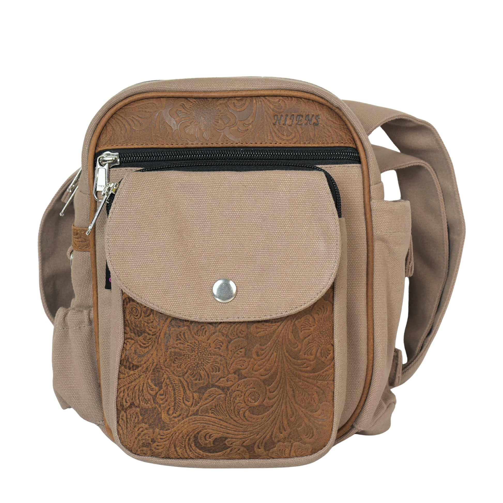 Nijens Gassitasche in Beige-Braun mit edler Lederprägung, kompakte Hüft- und Umhängetasche für Hundespaziergänge