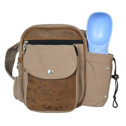 Beige Gassi- und Reittasche Konstanz von Nijens aus robustem Canvas mit geprägtem Leder, seitlichem Flaschenhalter und mehreren Reißverschlussfächern
