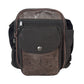 Gassi-Tasche Konstanz in Schwarz-Braun aus robustem Canvas mit geprägtem braunem Echtleder, Frontansicht mit mehreren Reißverschlussfächern