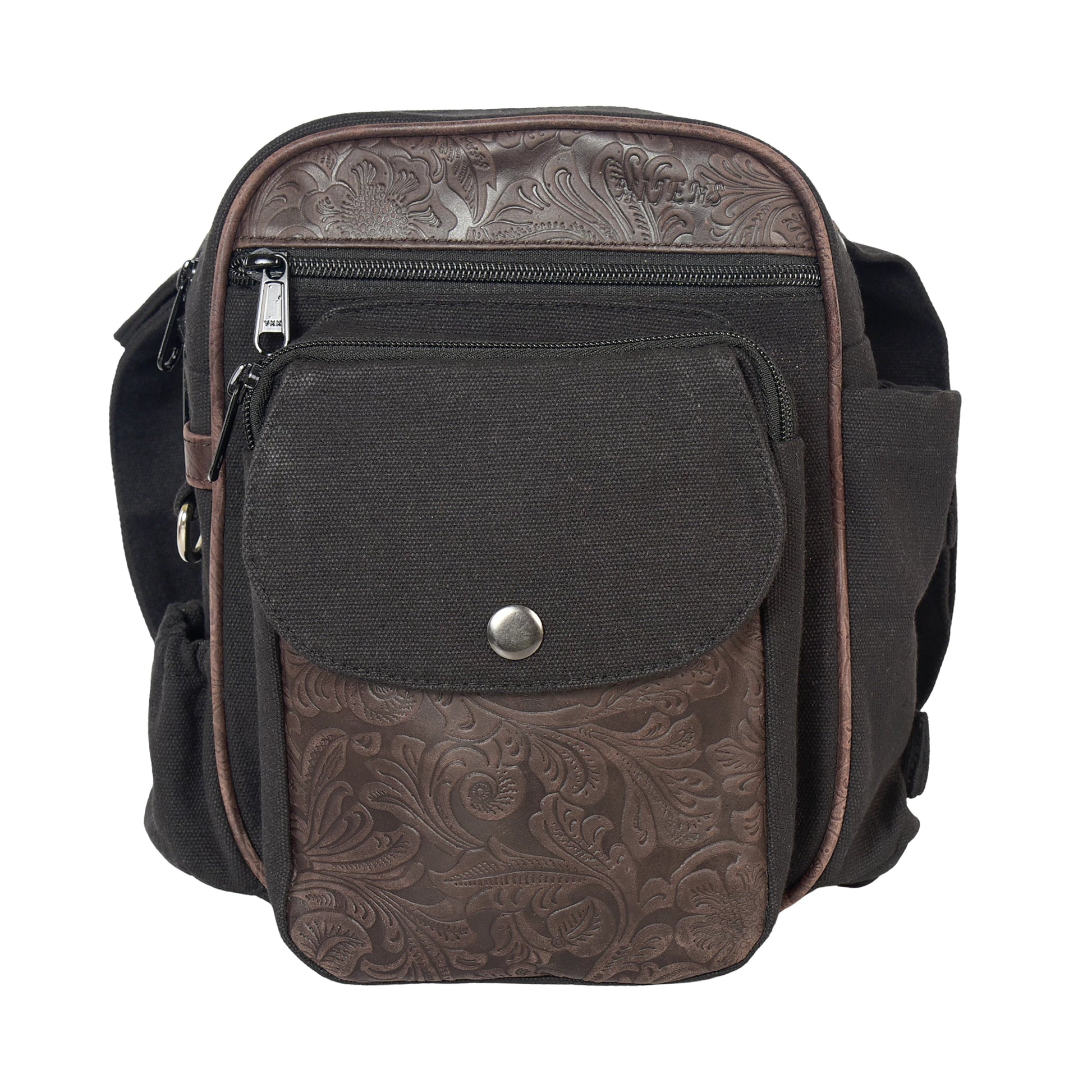 Gassi-Tasche Konstanz in Schwarz-Braun aus robustem Canvas mit geprägtem braunem Echtleder, Frontansicht mit mehreren Reißverschlussfächern