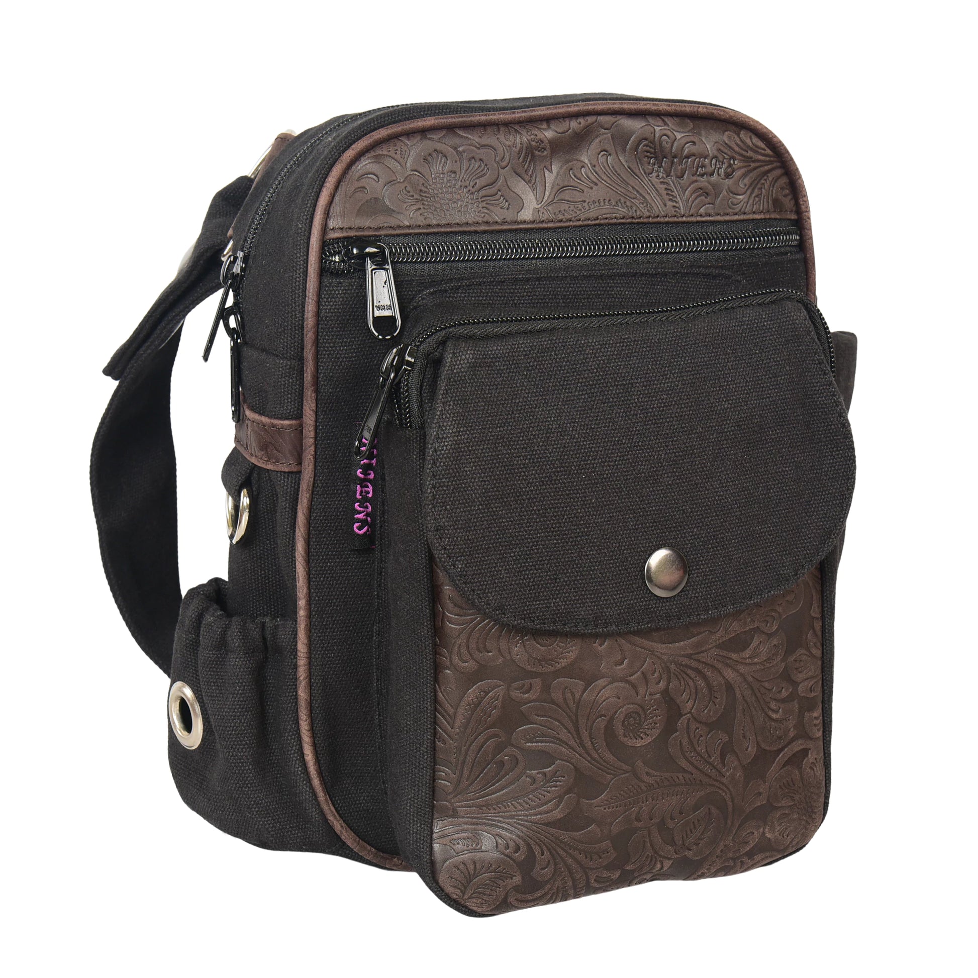 Seitliche Ansicht der Gassi-Tasche Konstanz in Schwarz-Braun aus robustem Canvas mit geprägtem braunem Echtleder, mit mehreren Reißverschlussfächern
