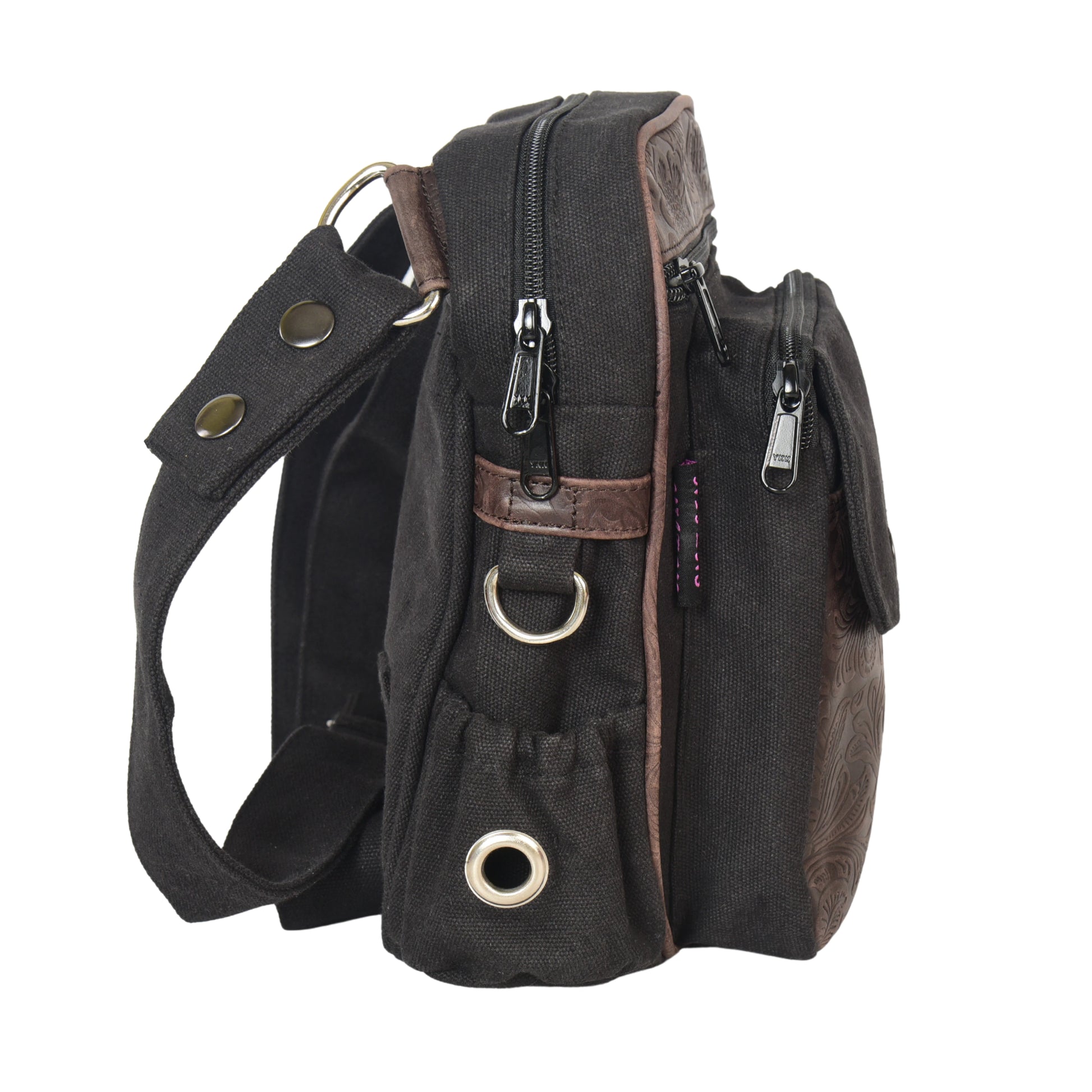 Gassi-Tasche Konstanz Seitenansicht mit Metallöse und stabilem Canvasmaterial