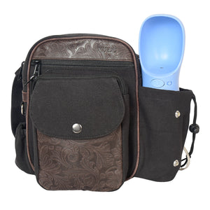 Gassi-Tasche Konstanz mit integriertem Flaschenhalter für Hunde-Trinkflasche, robustes Canvas und Echtleder