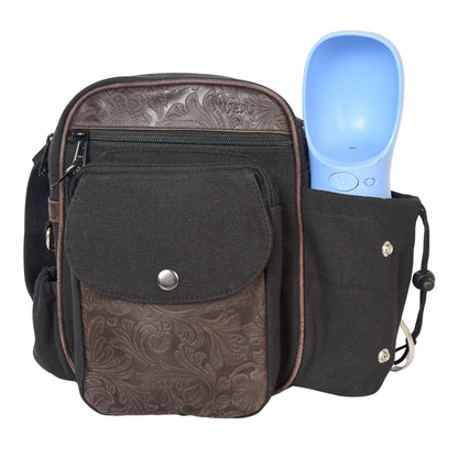 Gassi-Tasche Konstanz mit integriertem Flaschenhalter für Hunde-Trinkflasche, robustes Canvas und Echtleder