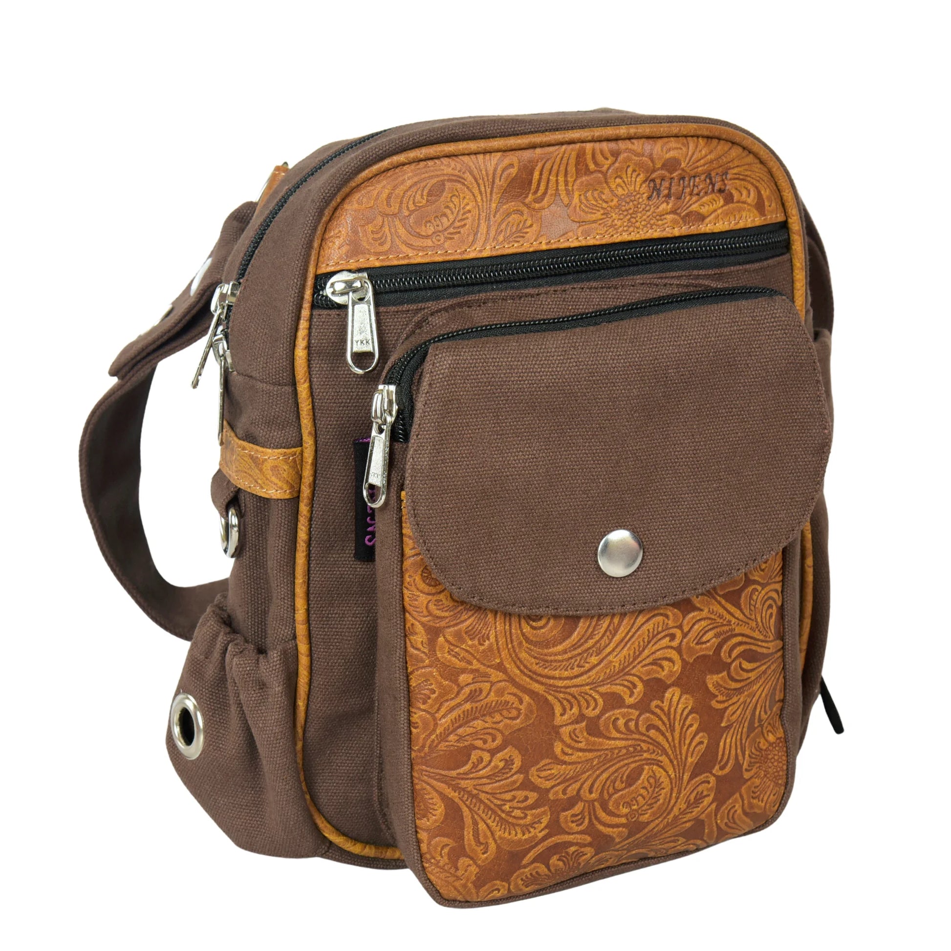 Braune Gassi- und Reittasche Konstanz von Nijens aus robustem Canvas mit geprägtem Leder. Seitenansicht