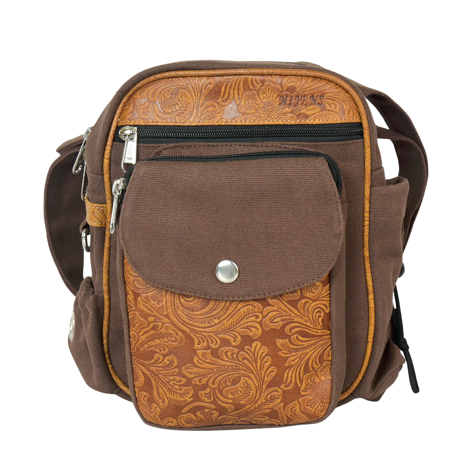 Braune Gassi- und Reittasche Konstanz von Nijens aus robustem Canvas mit geprägtem Leder, mehreren Reißverschlussfächern