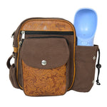 Braune Gassi- und Reittasche Konstanz von Nijens aus robustem Canvas mit geprägtem Leder, seitlichem Flaschenhalter und mehreren Reißverschlussfächern