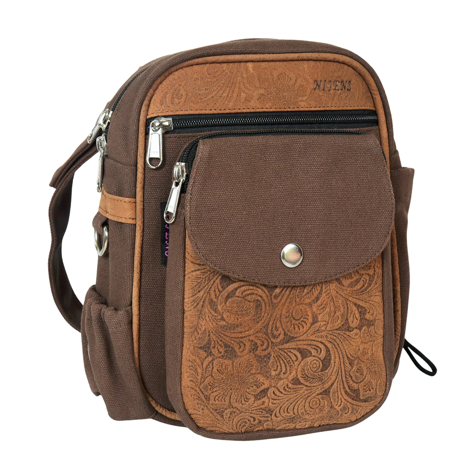 Braune Gassi-Tasche Konstanz von Nijens aus robustem Canvas mit geprägtem Leder, seitlichem Flaschenhalter für Hunde-Trinkflasche und mehreren Reißverschlussfächern. Seitenansicht