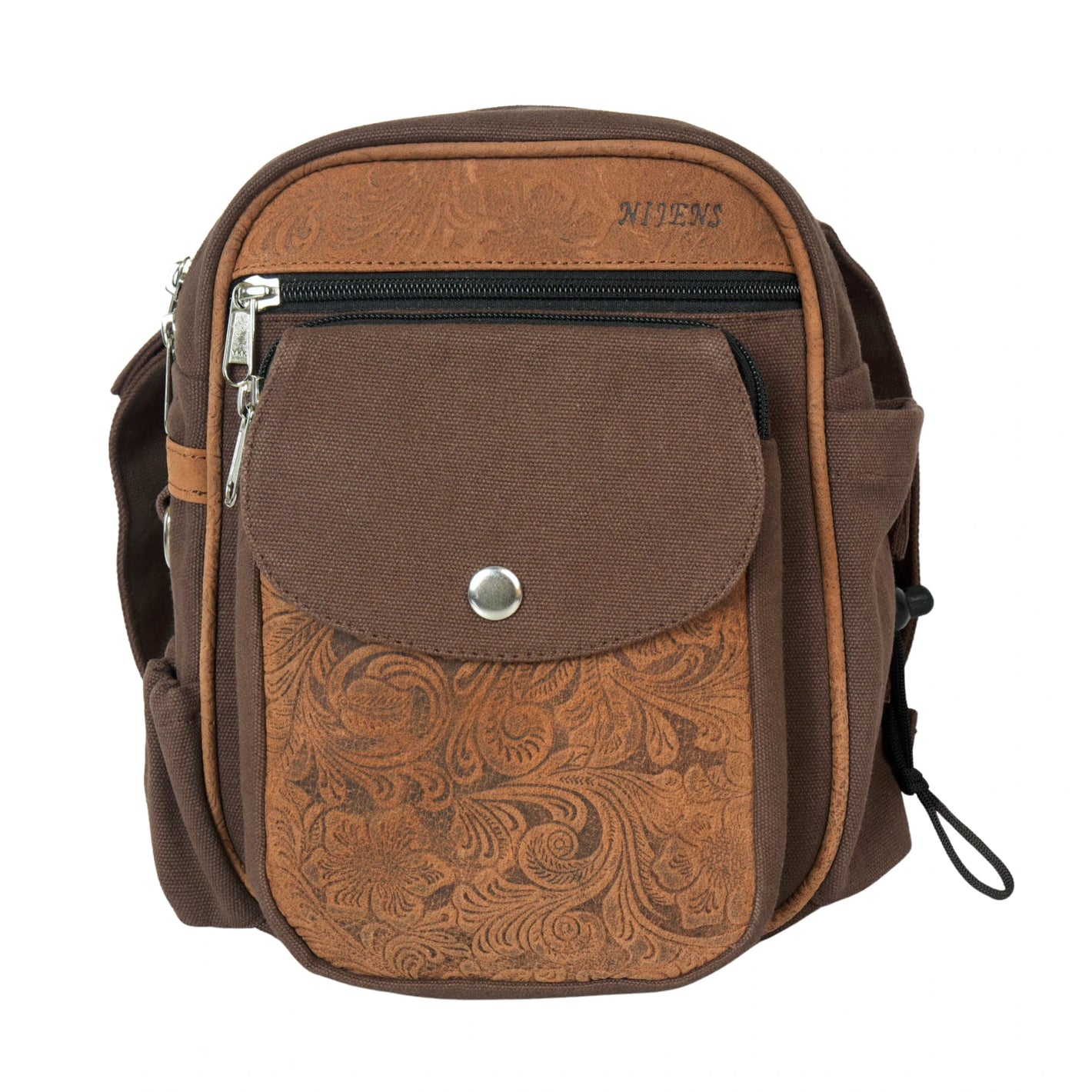 Braune Gassi-Tasche Konstanz von Nijens aus robustem Canvas mit geprägtem Leder, mehreren Reißverschlussfächern