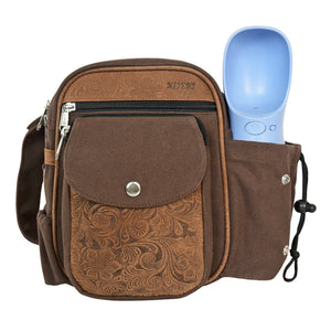 Braune Gassi-Tasche Konstanz von Nijens aus robustem Canvas mit geprägtem Leder, seitlichem Flaschenhalter für Hunde-Trinkflasche und mehreren Reißverschlussfächern
