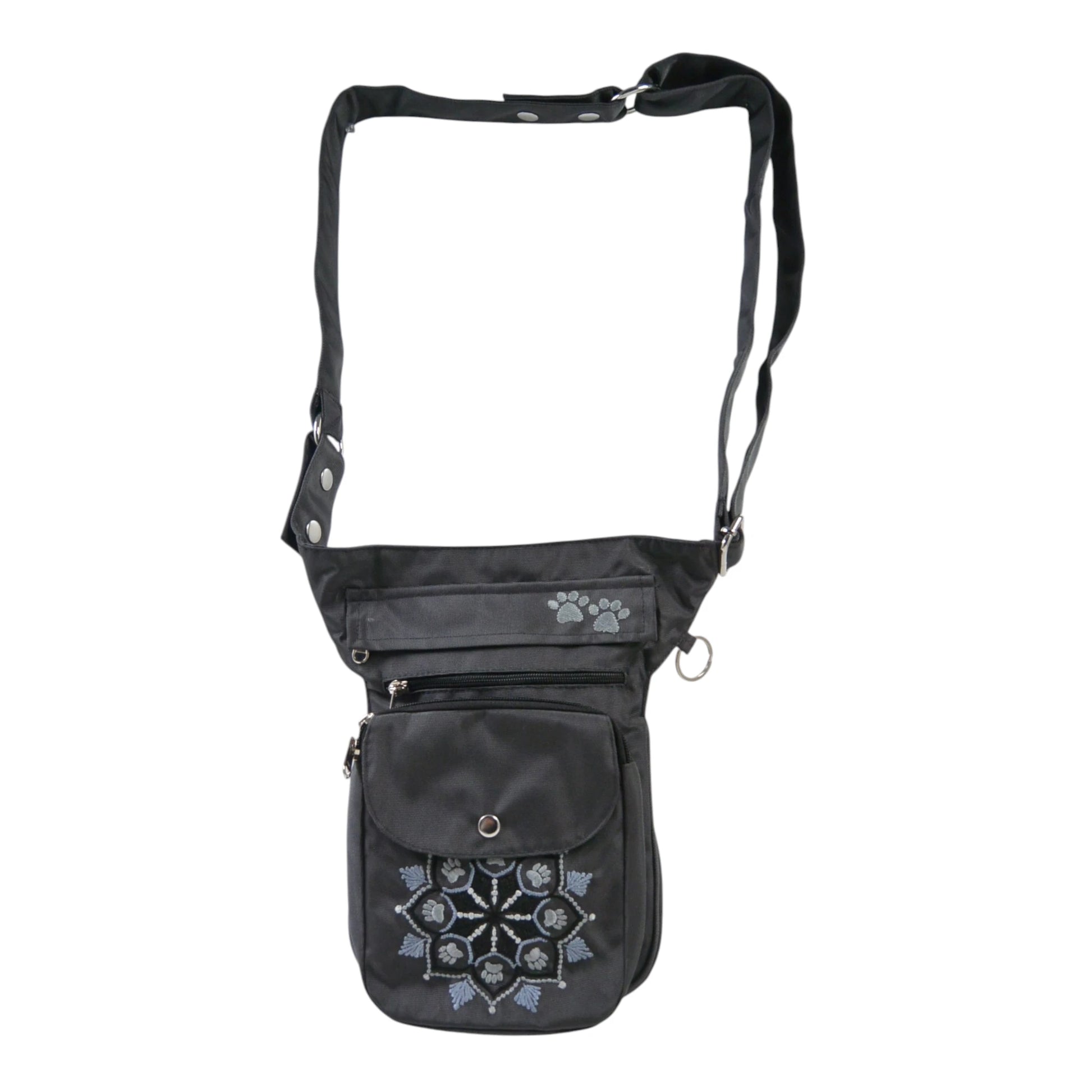 Gürteltasche aus wasserabweisendem Nylonstoff in Grau mit Pfoten-Mandalastickerei.