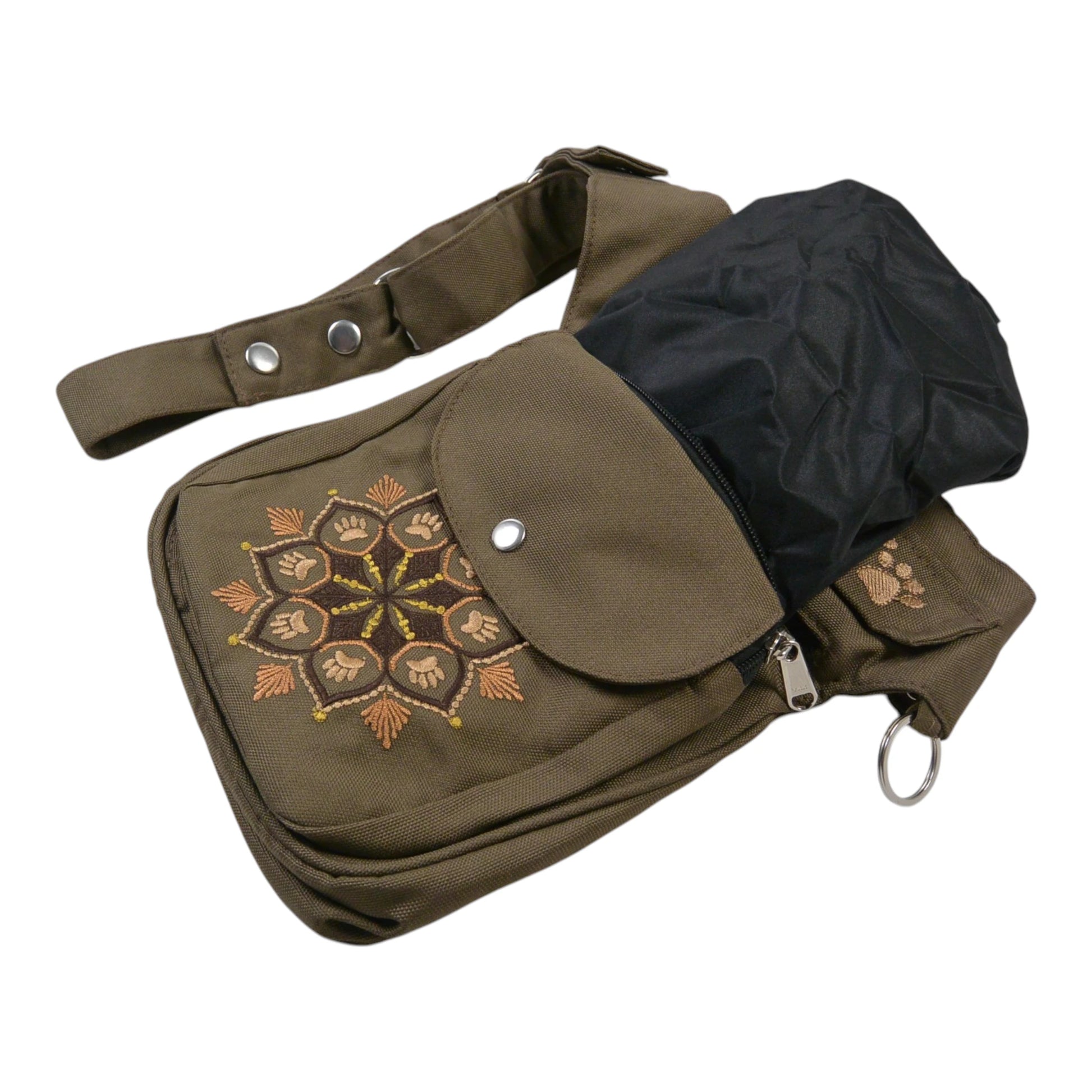 Braune Nijens Gassi-Tasche aus wasserabweisendem Polyesterstoff mit Mandala-Stickerei und Pfotenmotiv