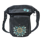 Schwarze Nijens Gassi-Tasche Hannover aus wasserabweisendem Polyesterstoff mit Mandala-Stickerei und Pfotenmotiv, praktische Bauchtasche für Hundespaziergänge.
