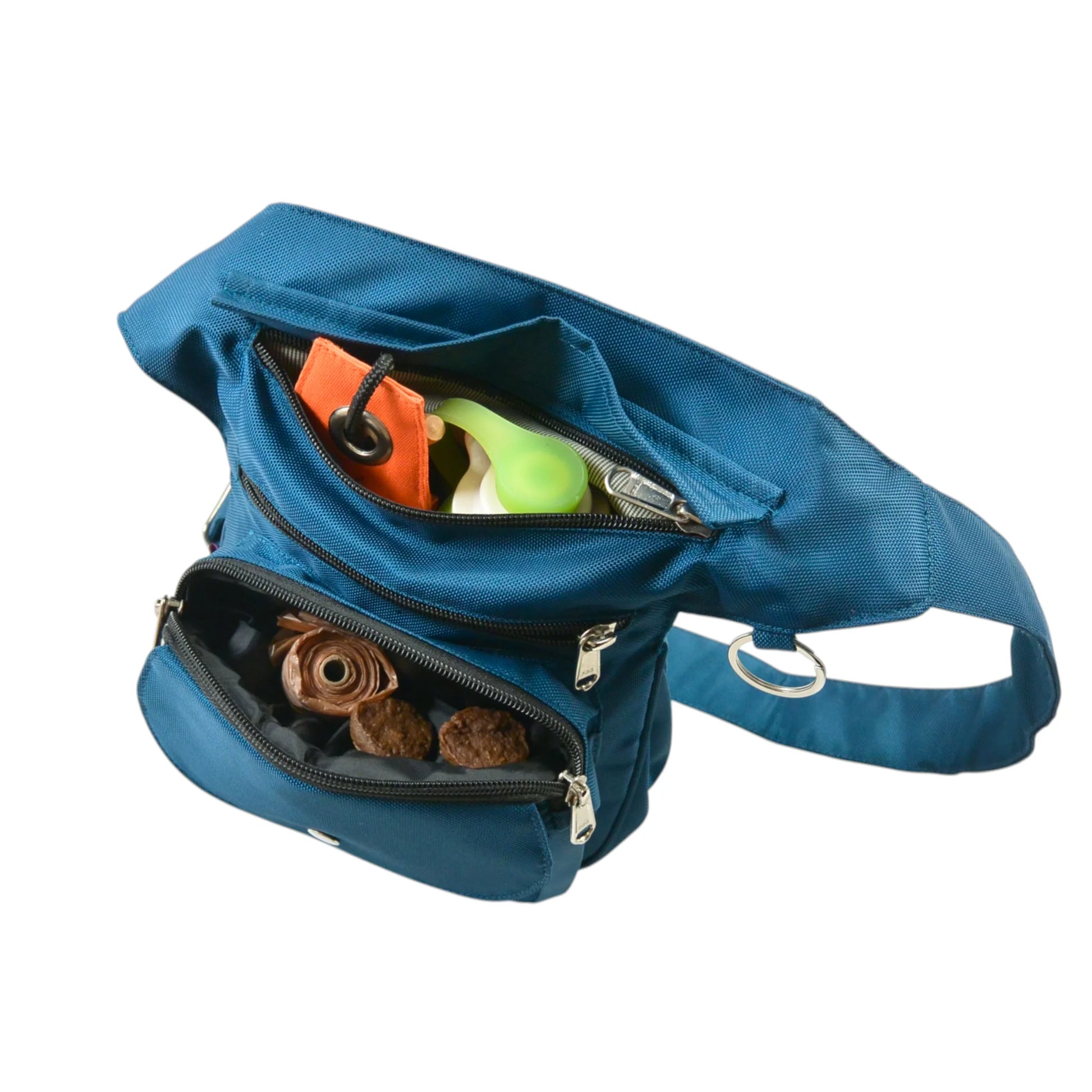 Gassi-Tasche Nijens Super-Hannover türkisblau offen mit Leckerlis, Kotbeutel, Handy und Hundezubehör in mehreren Fächern
