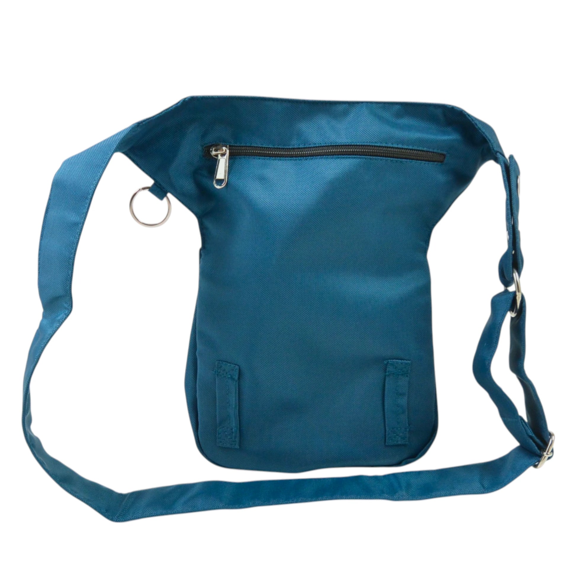 Türkisblaue wasserabweisende Gassi-Tasche mit verstellbarem Gurt. Rückansicht.