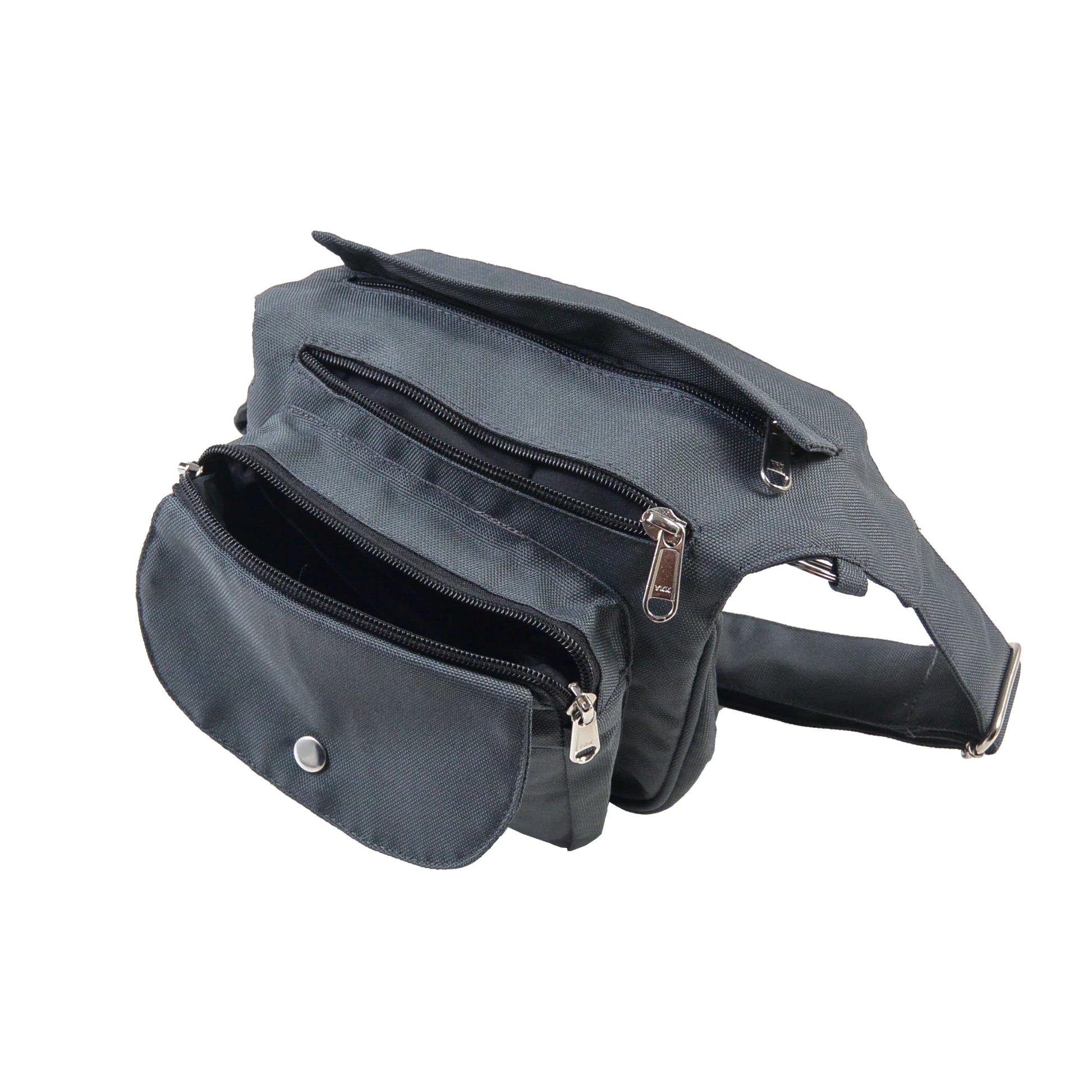 Graue Gassitasche Super-Hannover mit geöffneten Reißverschlussfächern, zeigt praktische Innenaufteilung für Leckerlis und Zubehör.