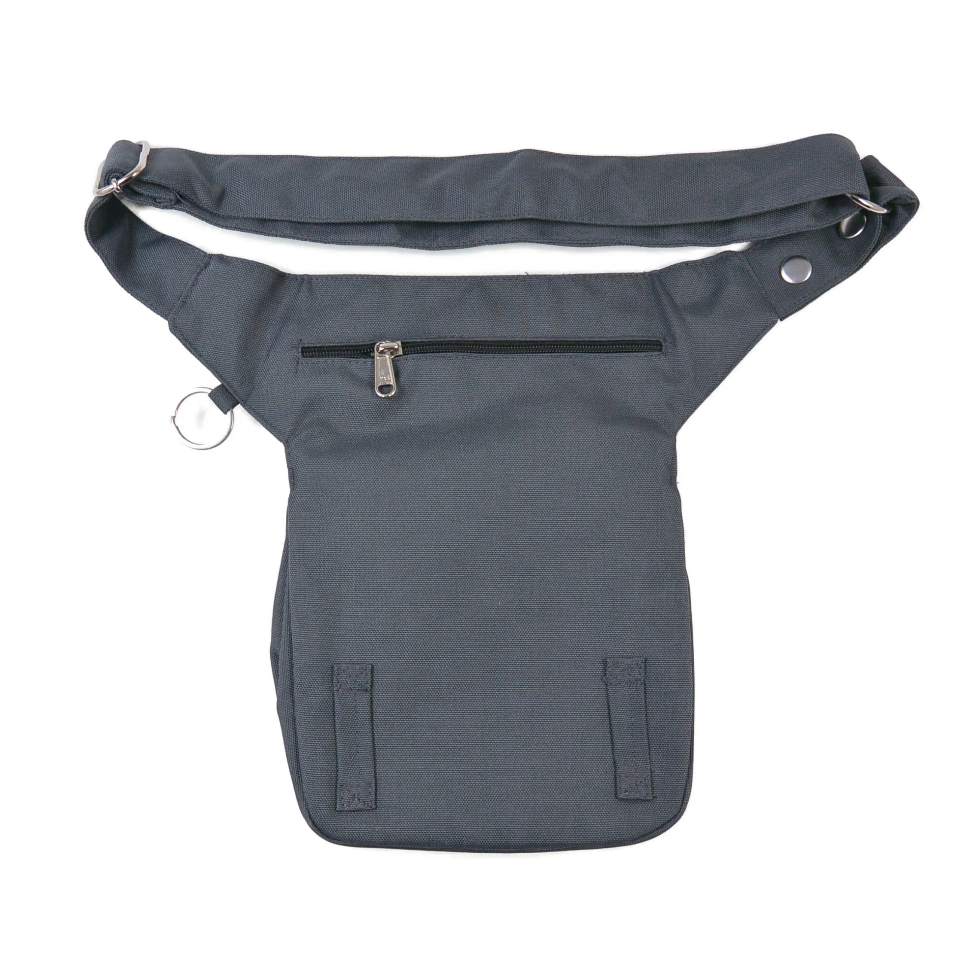 Rückseite der Gassitasche Super-Hannover in Anthrazit mit Sicherheitsfach und Gürtelschlaufen.