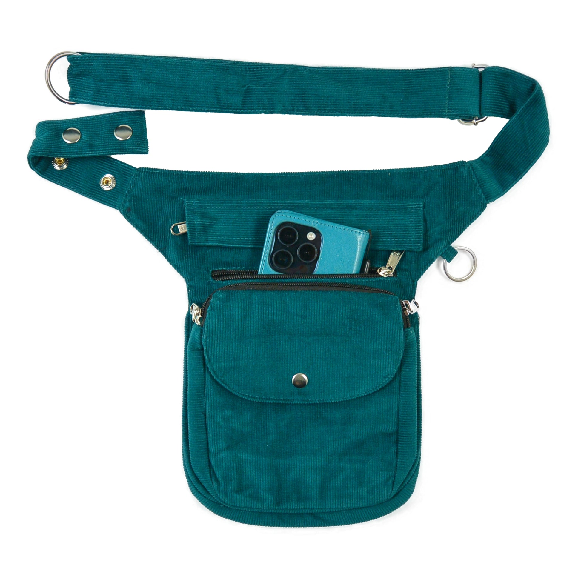 Gürteltasche, Gassi-Tasche aus Cord Seegrün. Diese Gürteltasche hat drei Reißverschlussfächer vorne sowie ein Einsteckfach für das Handy.