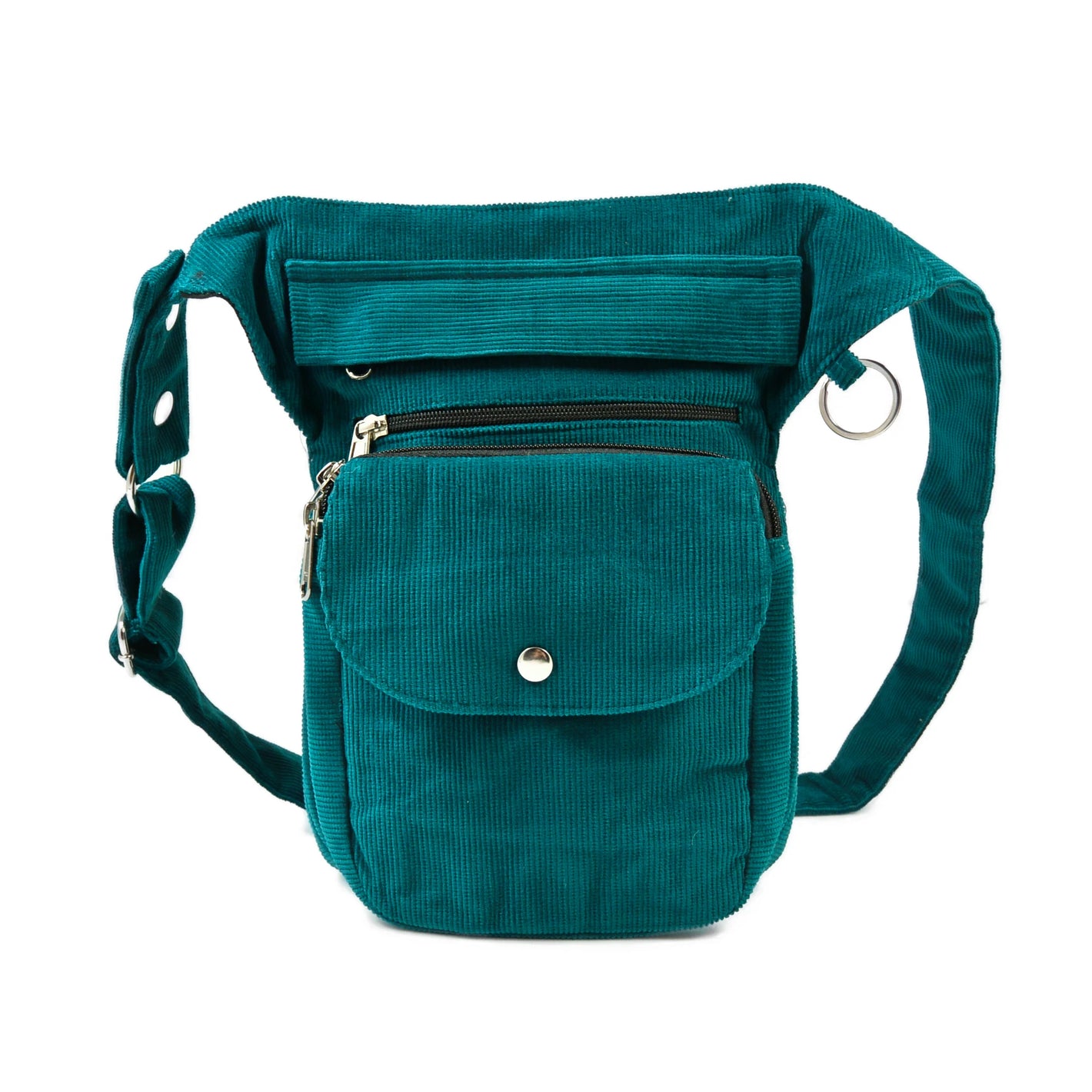 Gürteltasche, Gassi-Tasche aus Cord Seegrün. Diese Gürteltasche hat drei Reißverschlussfächer vorne sowie ein Einsteckfach, welches durch einen Überschlag mit Druckknopf verschlossen wird. 