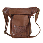 Gassitasche Hannover in Cognac aus Echtleder mit floraler Prägung auf der Fronttasche