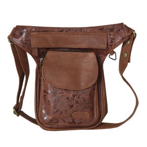 Gassitasche Hannover in Cognac aus Echtleder mit floraler Prägung auf der Fronttasche