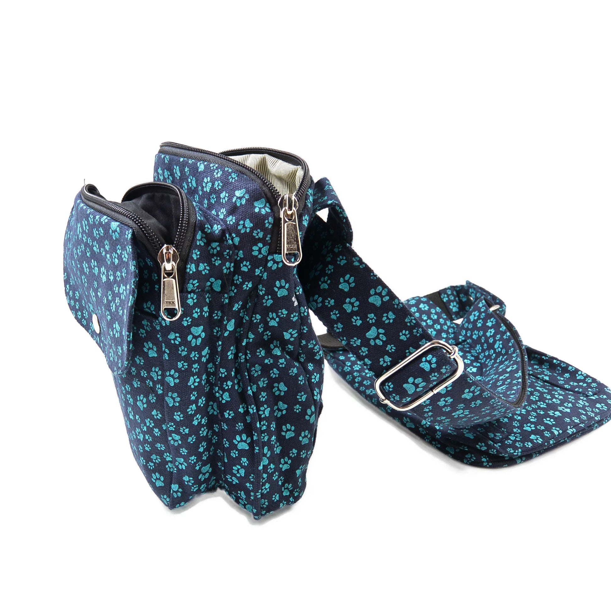 Nijens Doppelte Gassi-Tasche Leckerli-Beutel mit Pfoten-Motiv in Teal für Hundetraining, Seitenansicht